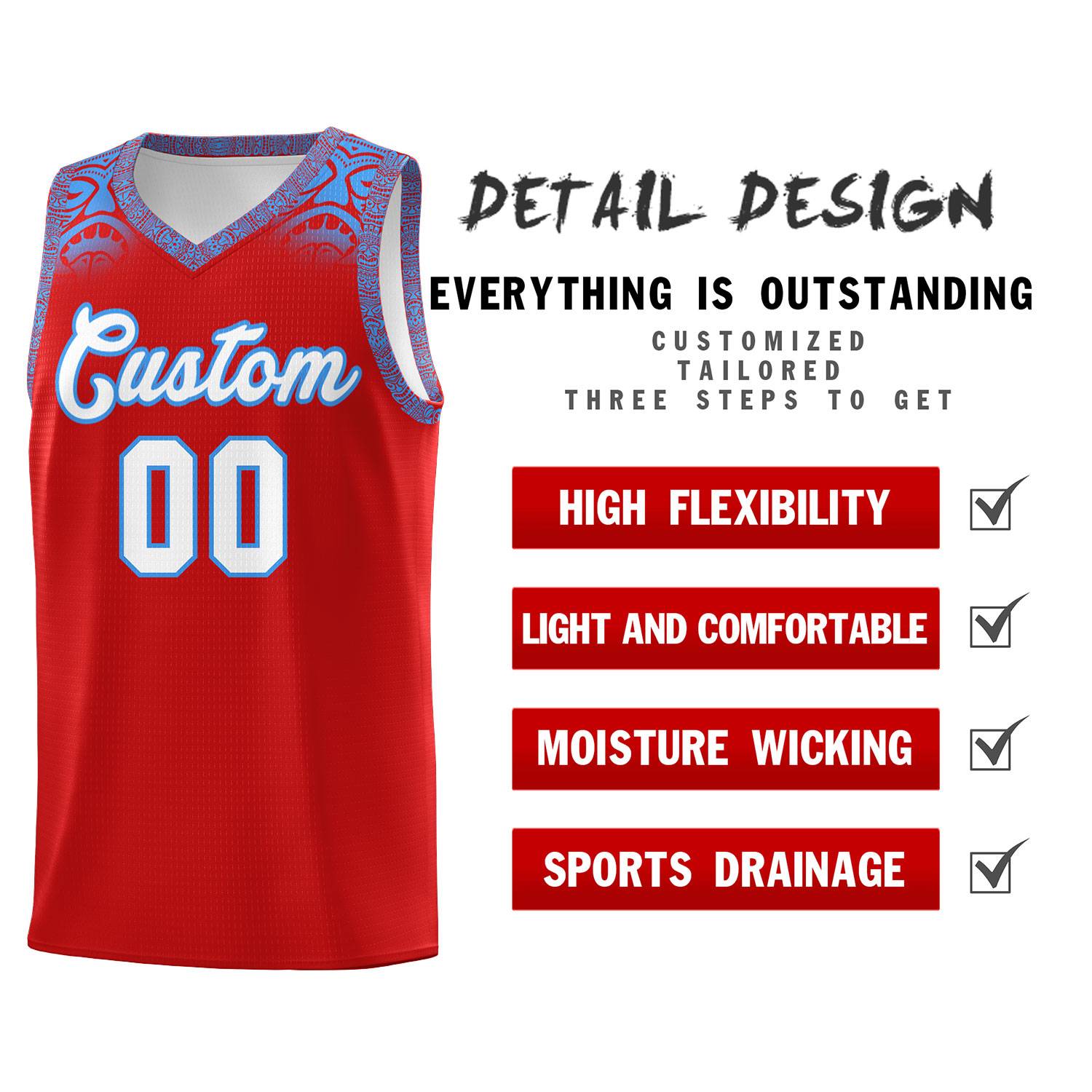 Custom Red Powder Blue Personalized Indians Print Sets Sports Uniform Basketball Jersey