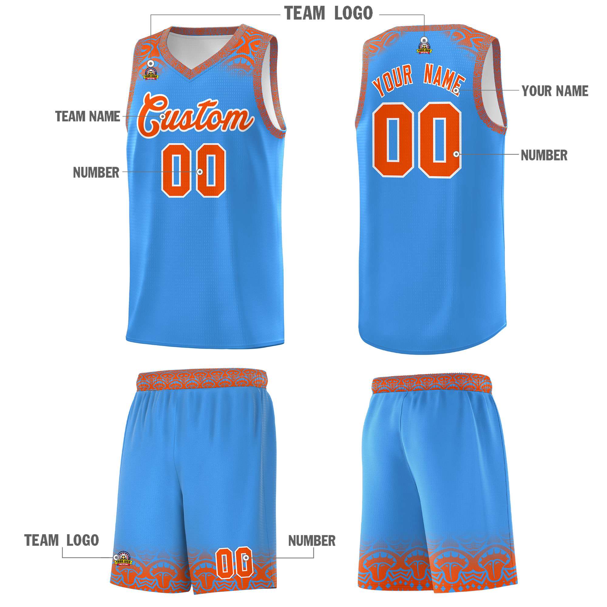 Custom Powder Blue Orange Personalized Indians Print Sets Sports Uniform Basketball Jersey