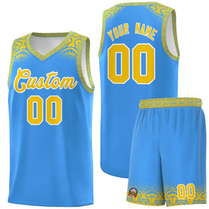 Custom Powder Blue Gold Personalized Indians Print Sets Sports Uniform Basketball Jersey