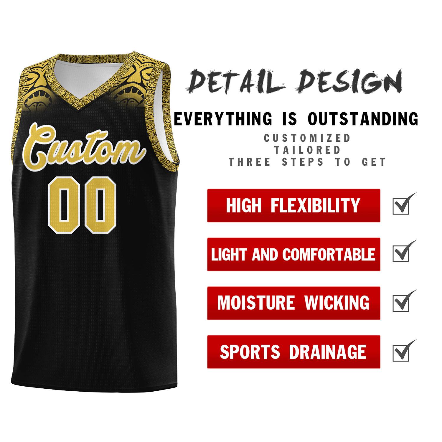 Custom Black Yellow Personalized Indians Print Sets Sports Uniform Basketball Jersey