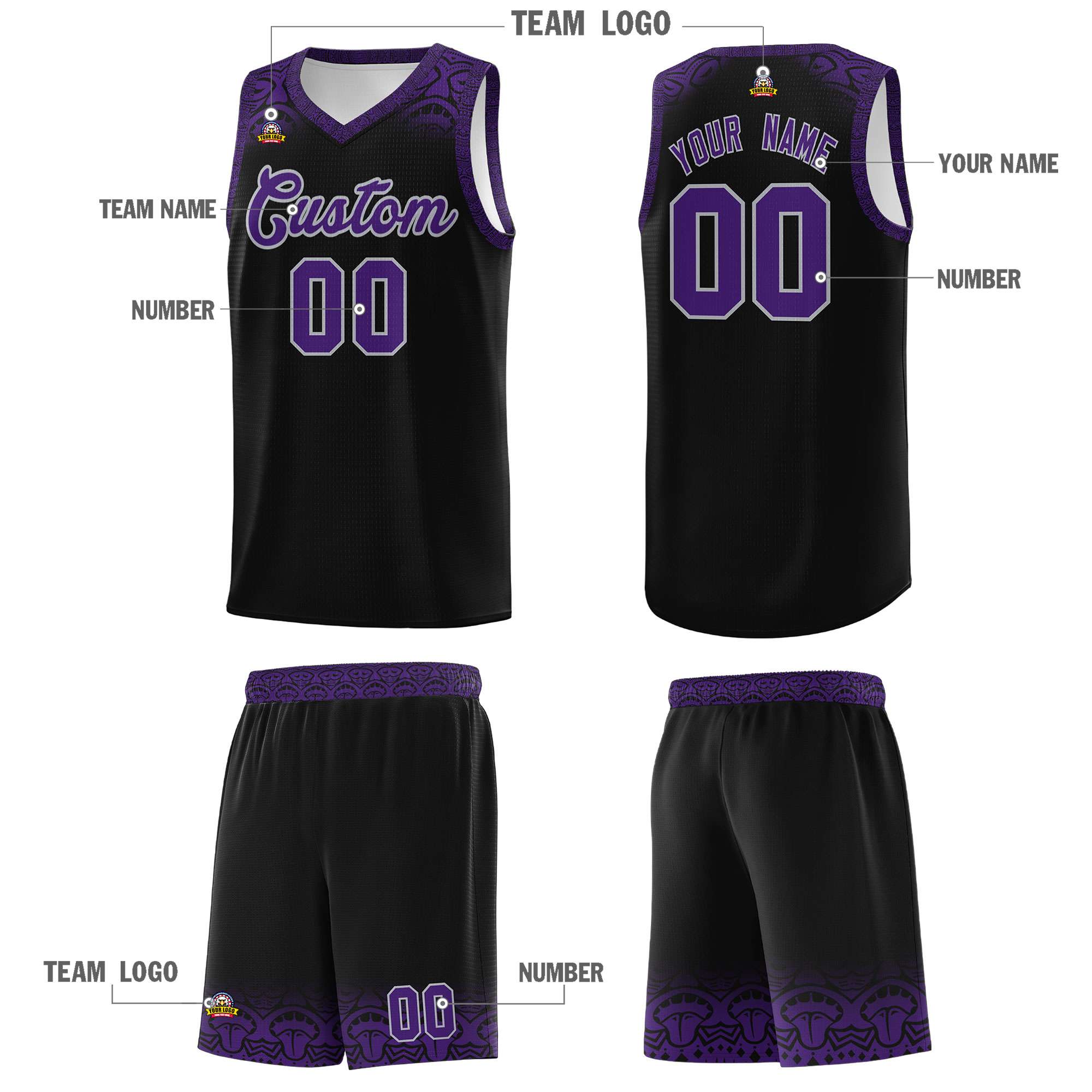 Custom Black Purple Personalized Indians Print Sets Sports Uniform Basketball Jersey