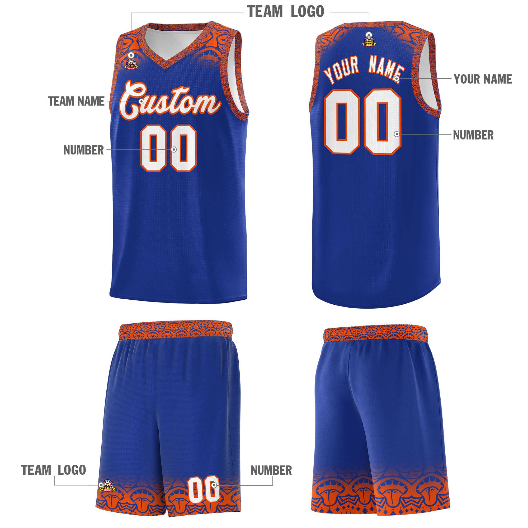 Custom Royal Orange Personalized Indians Print Sets Sports Uniform Basketball Jersey