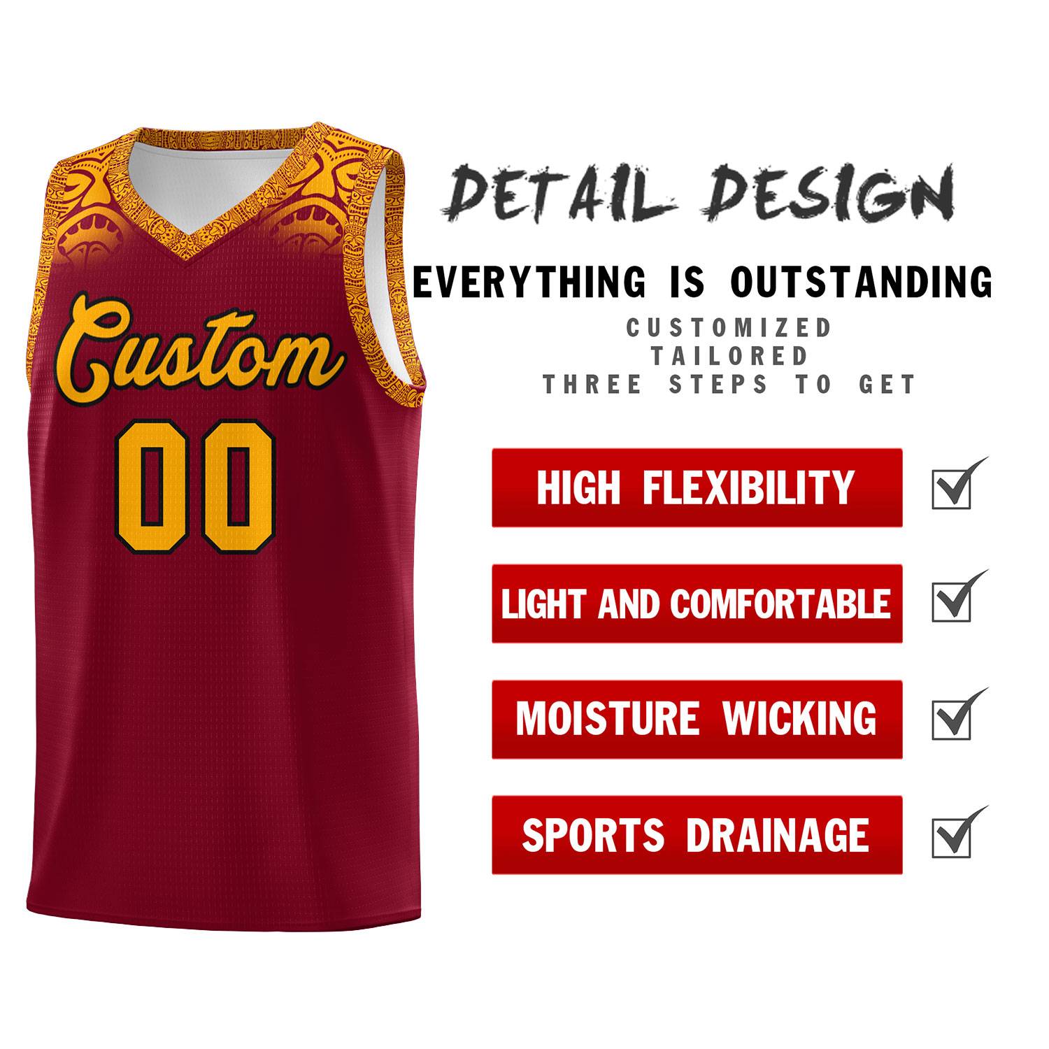 Custom Crimson Yellow Personalized Indians Print Sets Sports Uniform Basketball Jersey