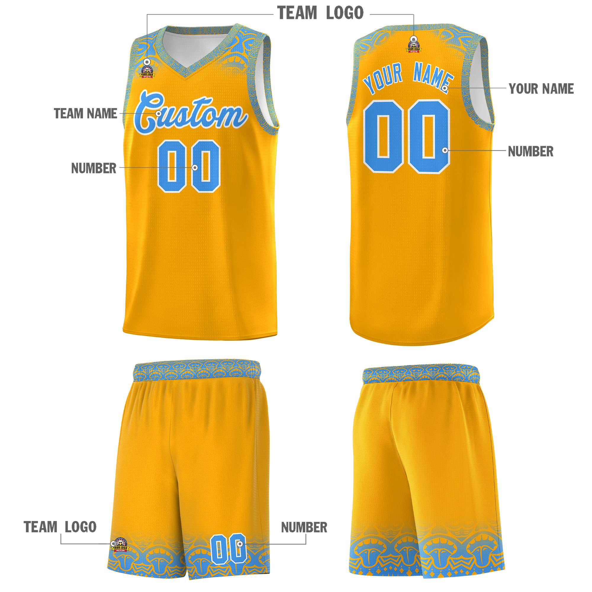 Custom Yellow Powder Blue Personalized Indians Print Sets Sports Uniform Basketball Jersey