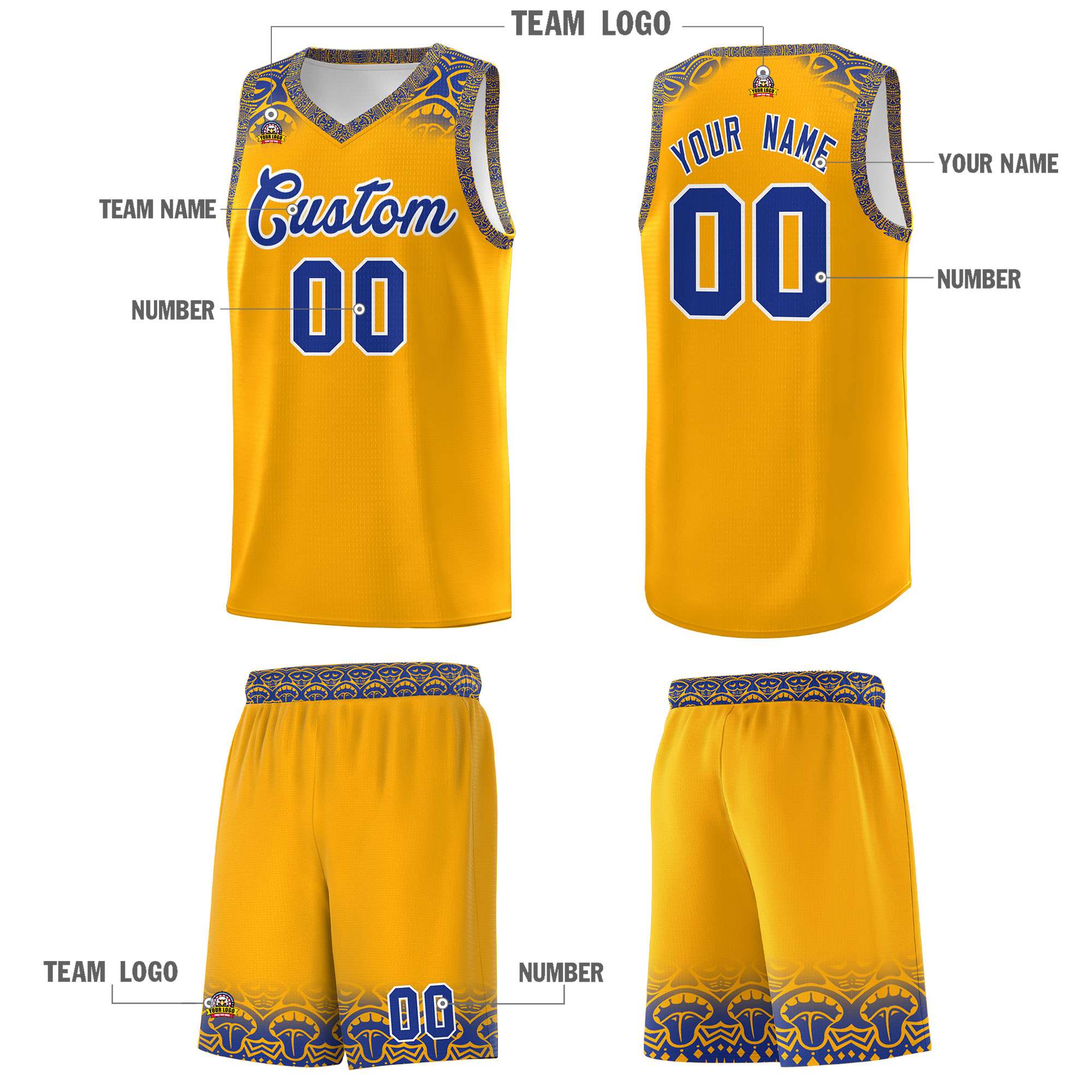 Custom Yellow Royal Personalized Indians Print Sets Sports Uniform Basketball Jersey