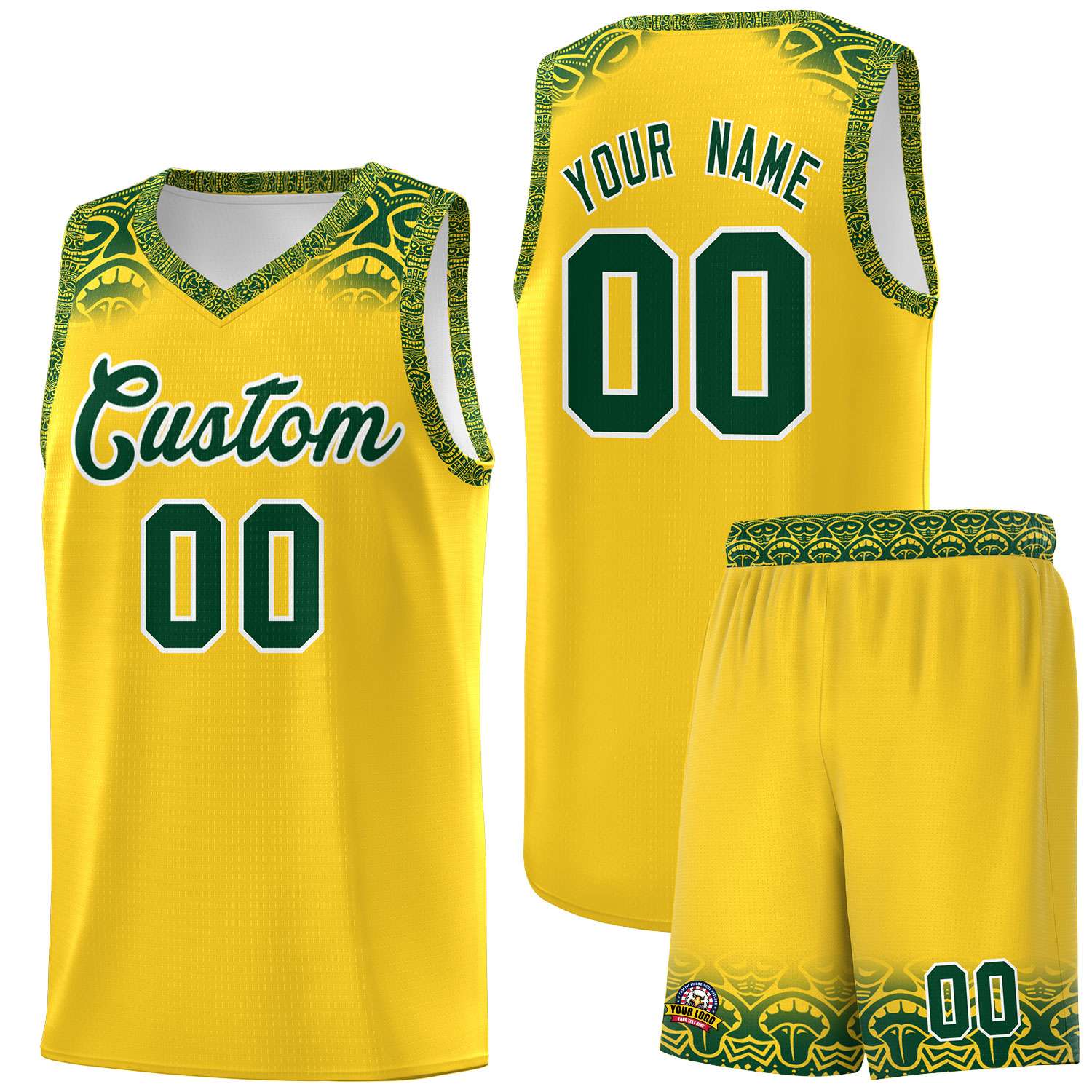 Custom Gold Green Personalized Indians Print Sets Sports Uniform Basketball Jersey