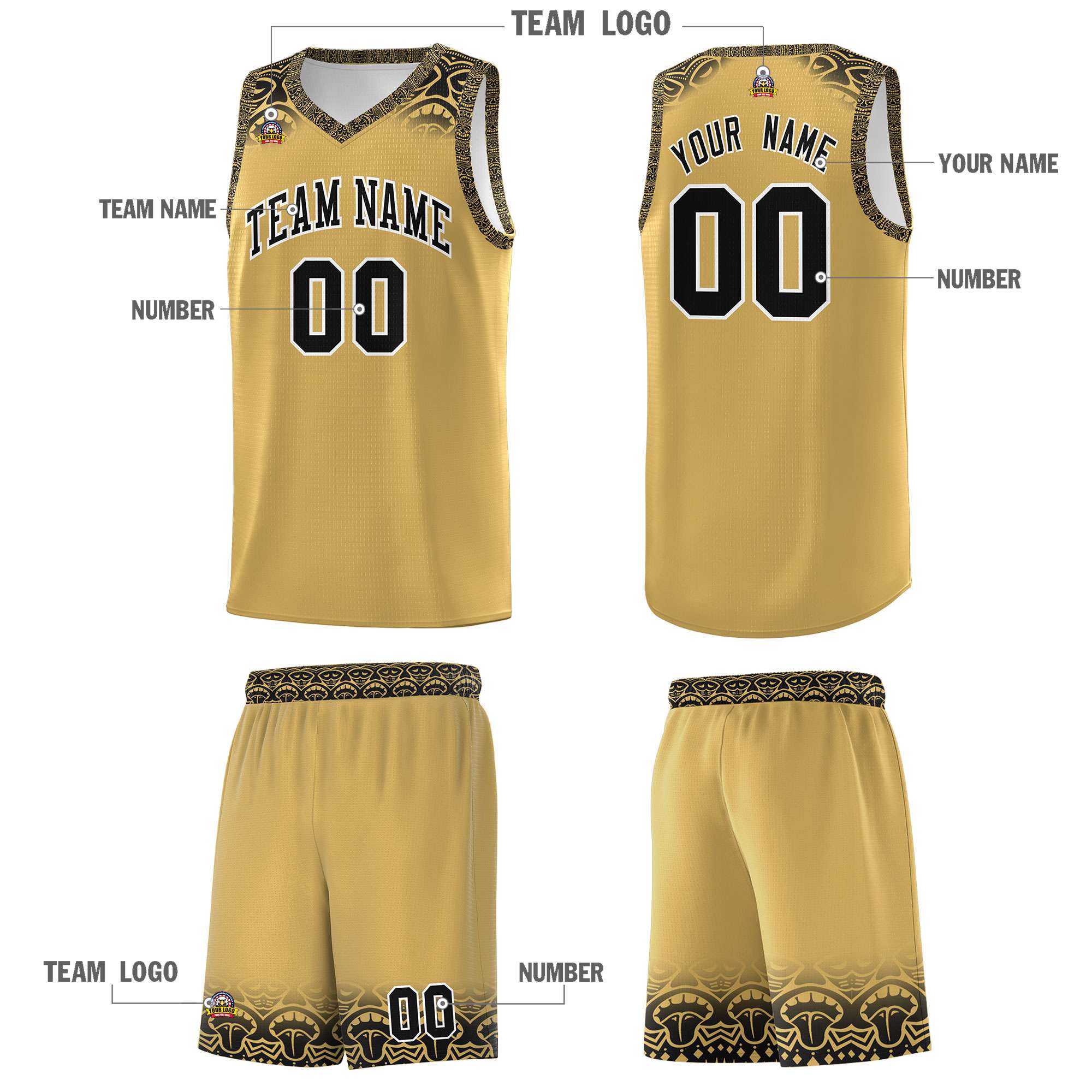 Custom Old Gold Black Personalized Indians Print Sets Sports Uniform Basketball Jersey