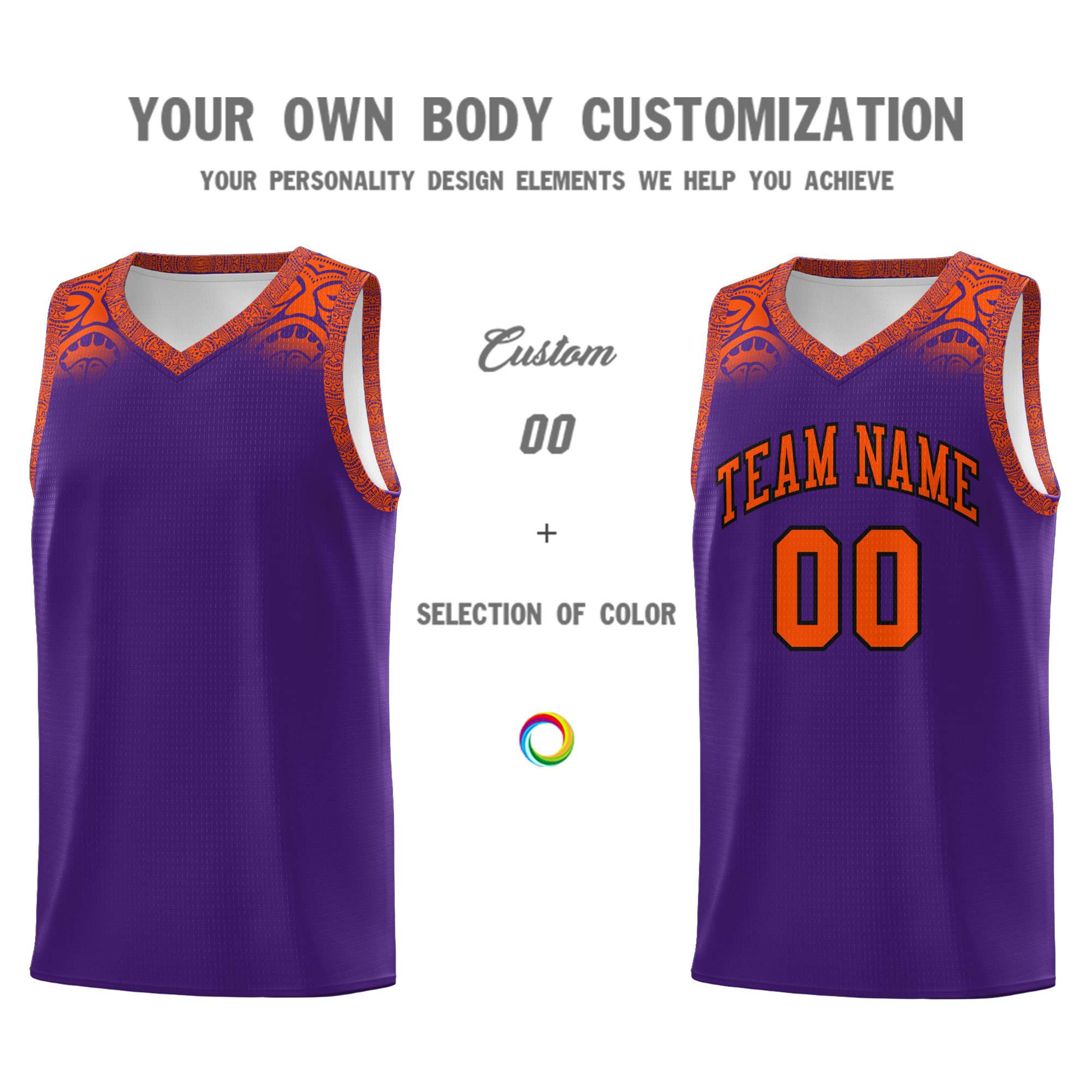 Custom Purple Orange Personalized Indians Print Sets Sports Uniform Basketball Jersey