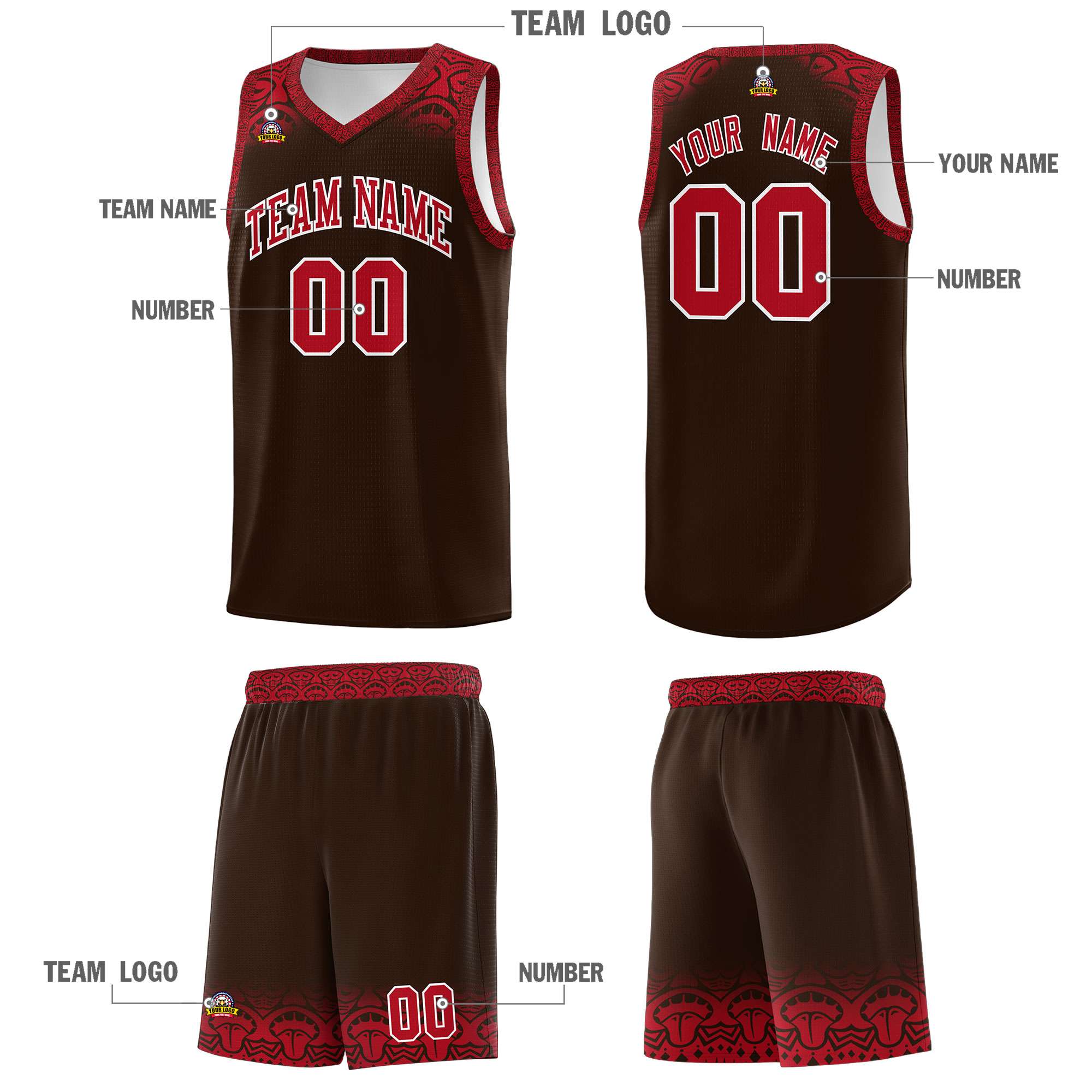 Custom Brown Red Personalized Indians Print Sets Sports Uniform Basketball Jersey