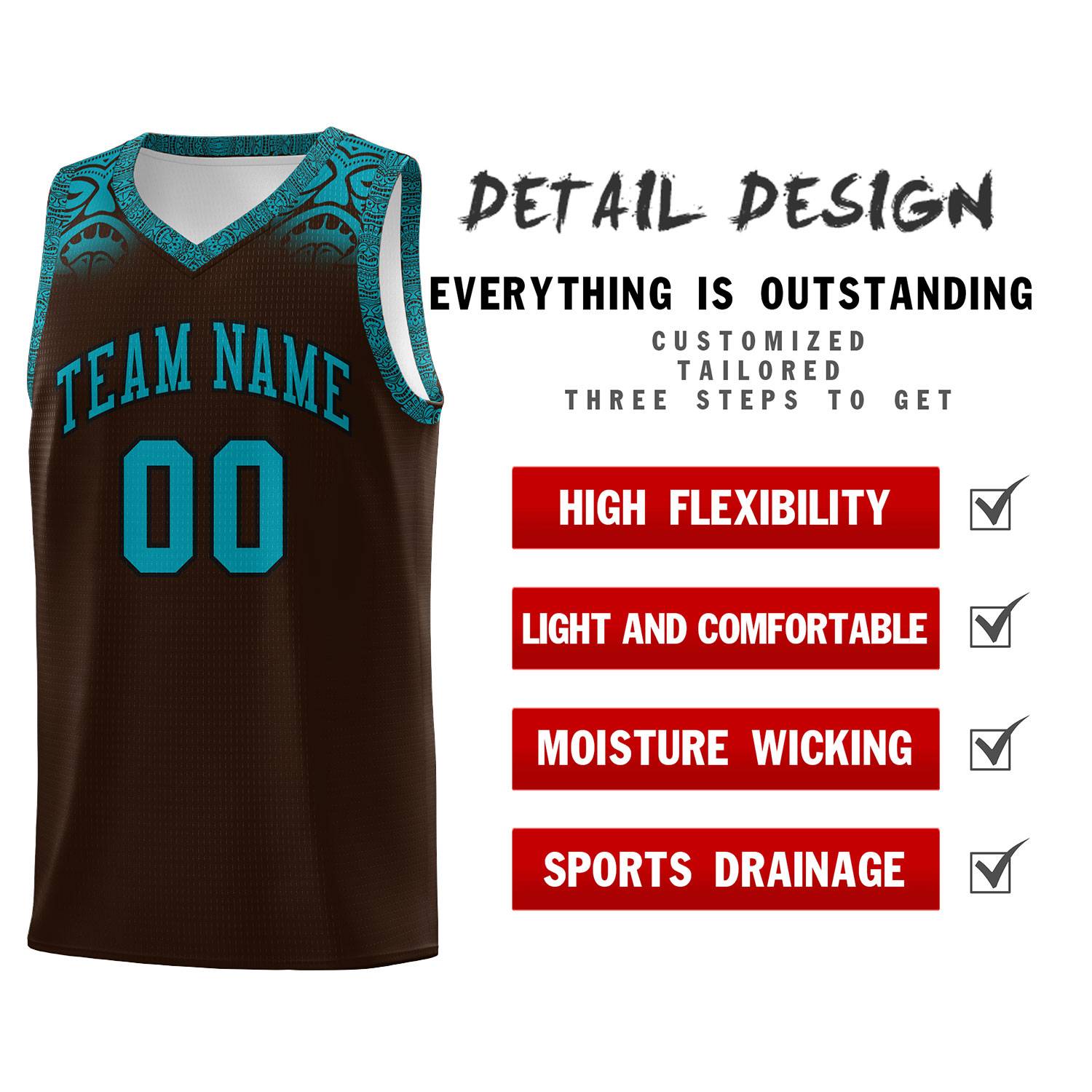 Custom Brown Teal Personalized Indians Print Sets Sports Uniform Basketball Jersey