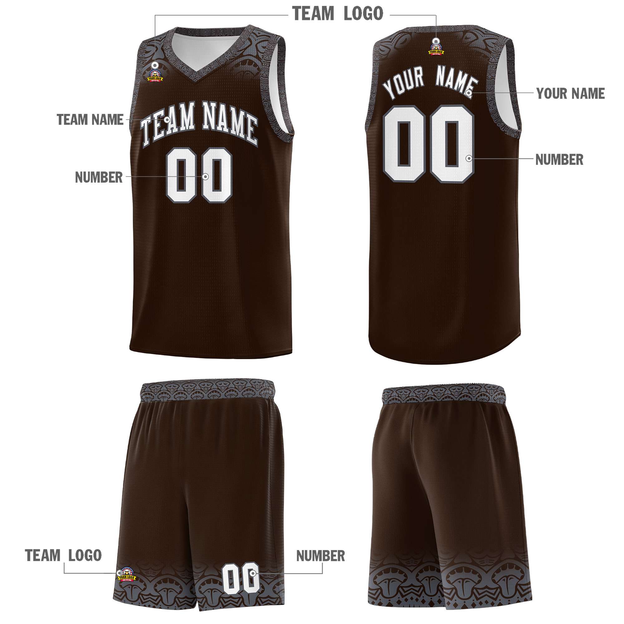 Custom Brown Dark Gray Personalized Indians Print Sets Sports Uniform Basketball Jersey