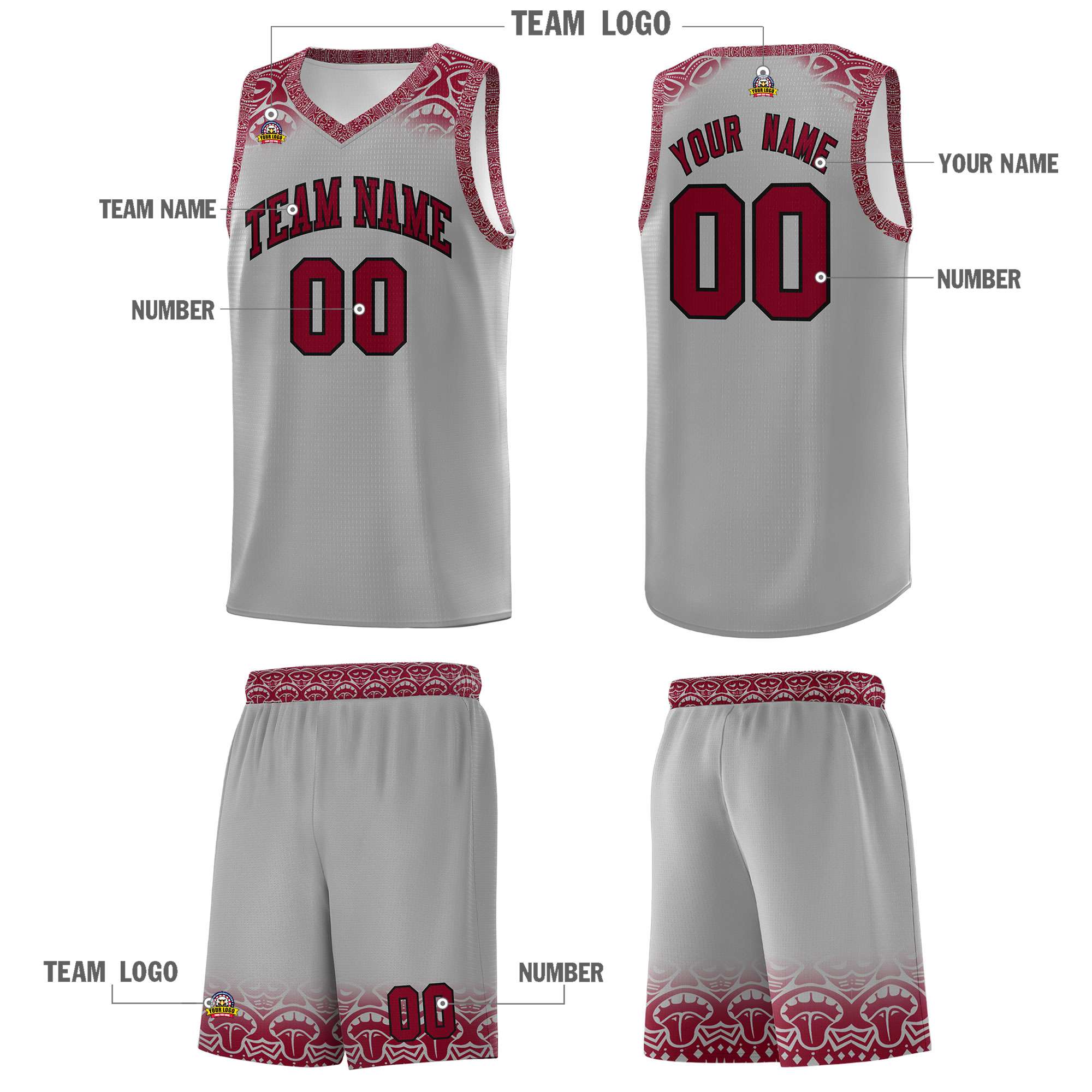 Custom Gray Crimson Personalized Indians Print Sets Sports Uniform Basketball Jersey