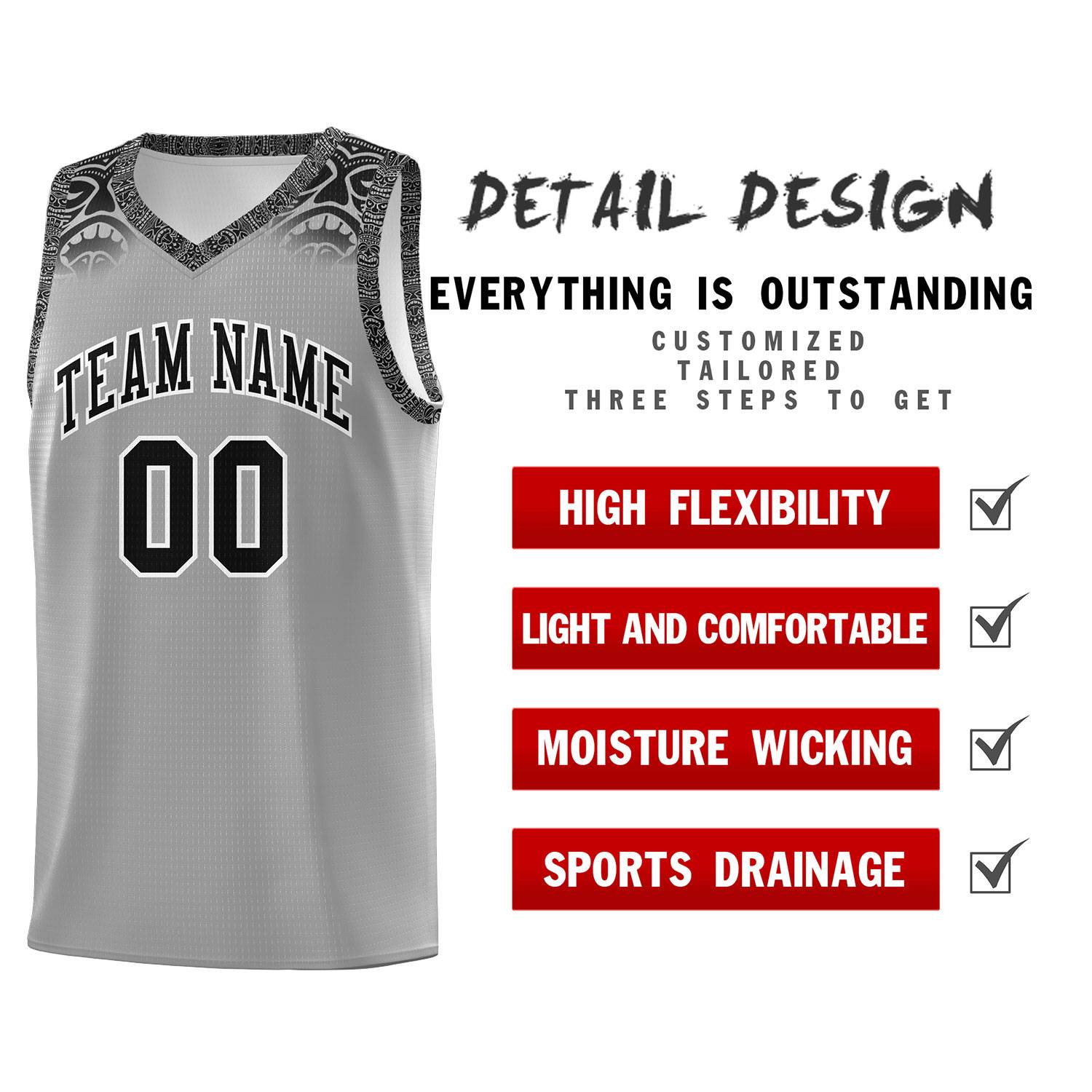 Custom Gray Black Personalized Indians Print Sets Sports Uniform Basketball Jersey