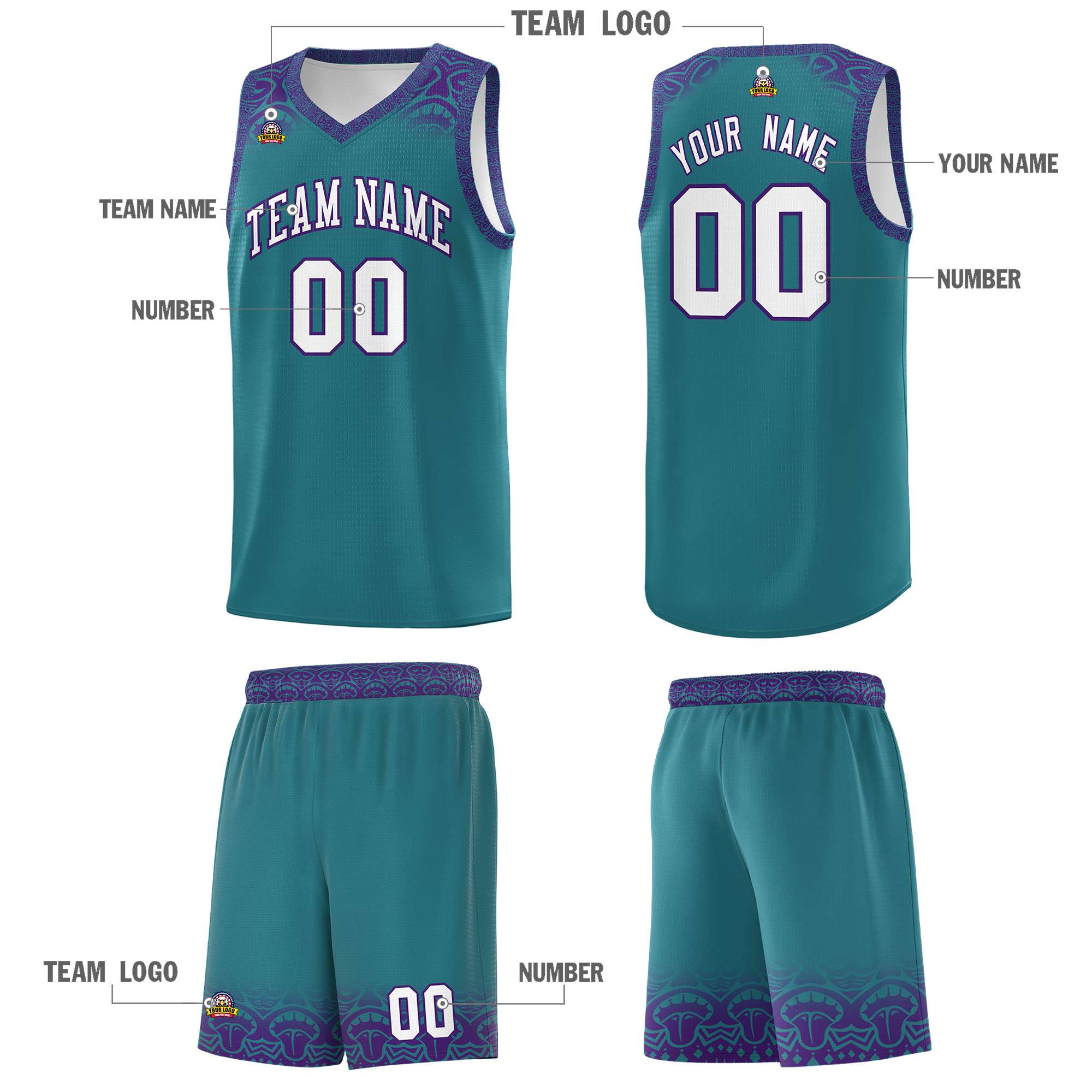 Custom Aqua Purple Personalized Indians Print Sets Sports Uniform Basketball Jersey