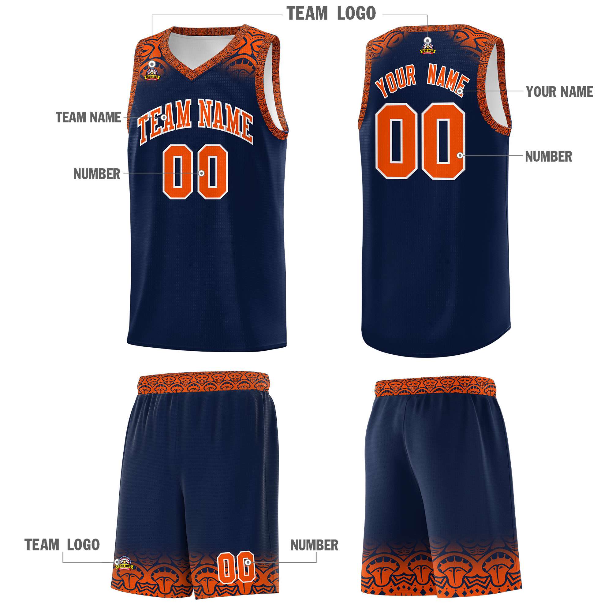 Custom Navy Orange Personalized Indians Print Sets Sports Uniform Basketball Jersey