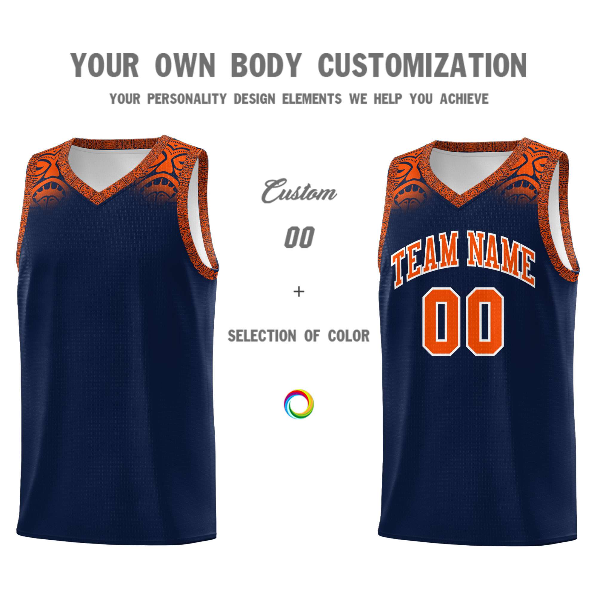 Custom Navy Orange Personalized Indians Print Sets Sports Uniform Basketball Jersey