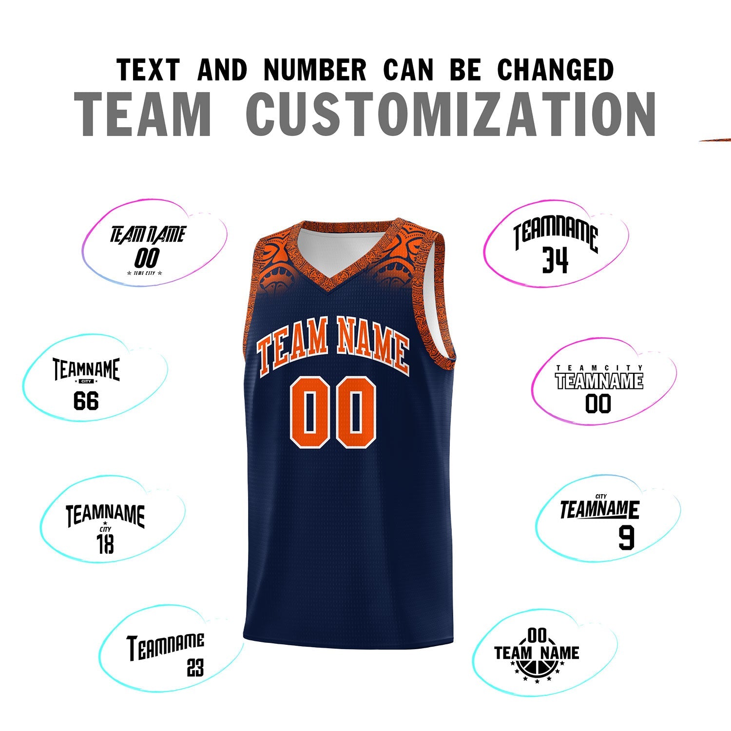 Custom Navy Orange Personalized Indians Print Sets Sports Uniform Basketball Jersey