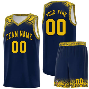 Custom Navy Gold Personalized Indians Print Sets Sports Uniform Basketball Jersey