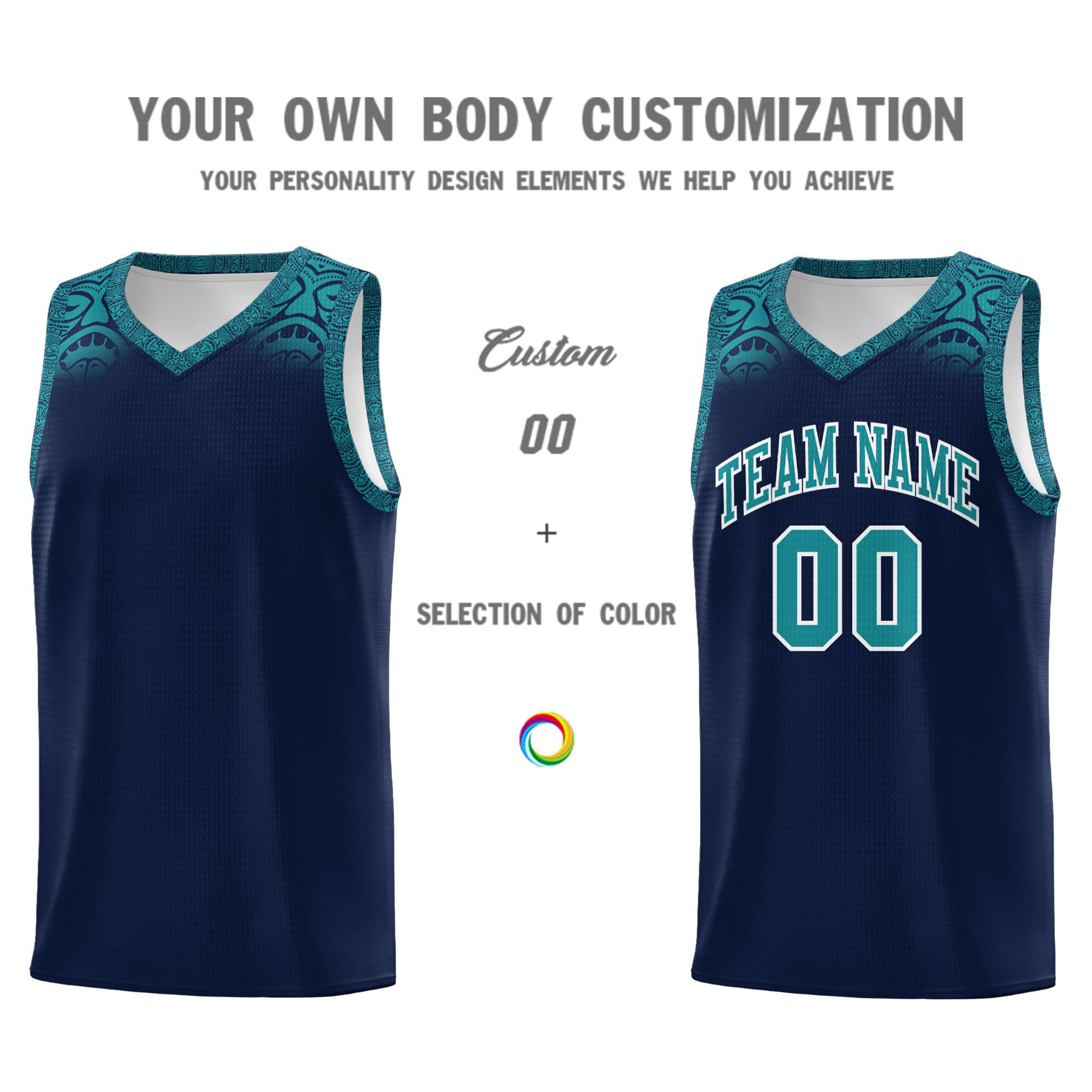 Custom Navy Aqua Personalized Indians Print Sets Sports Uniform Basketball Jersey