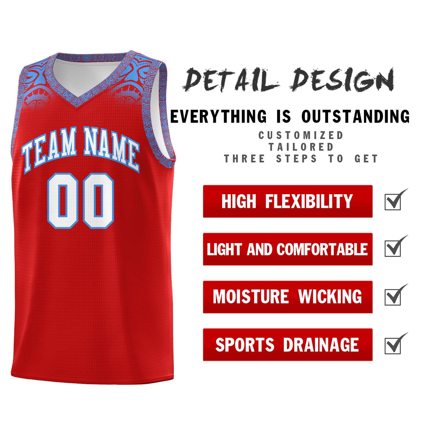 Custom Red Powder Blue Personalized Indians Print Sets Sports Uniform Basketball Jersey