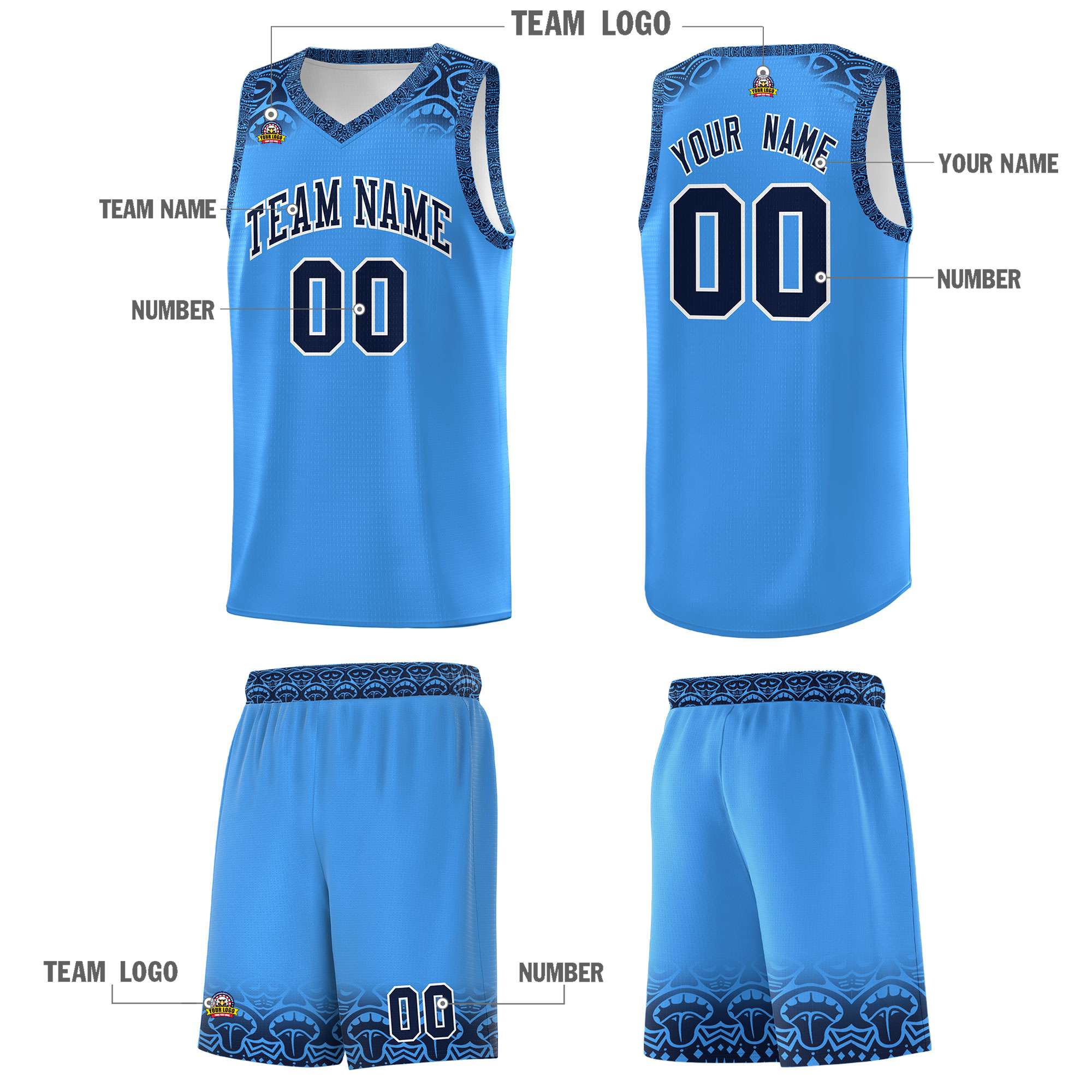 Custom Powder Blue Black Personalized Indians Print Sets Sports Uniform Basketball Jersey