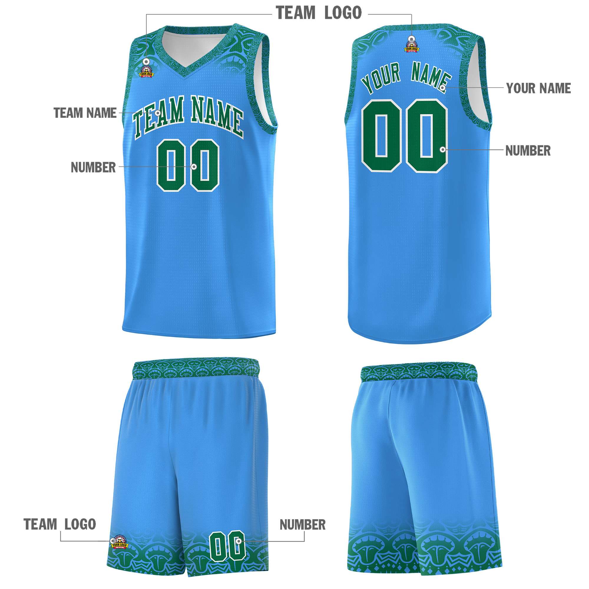 Custom Powder Blue Kelly Green Personalized Indians Print Sets Sports Uniform Basketball Jersey