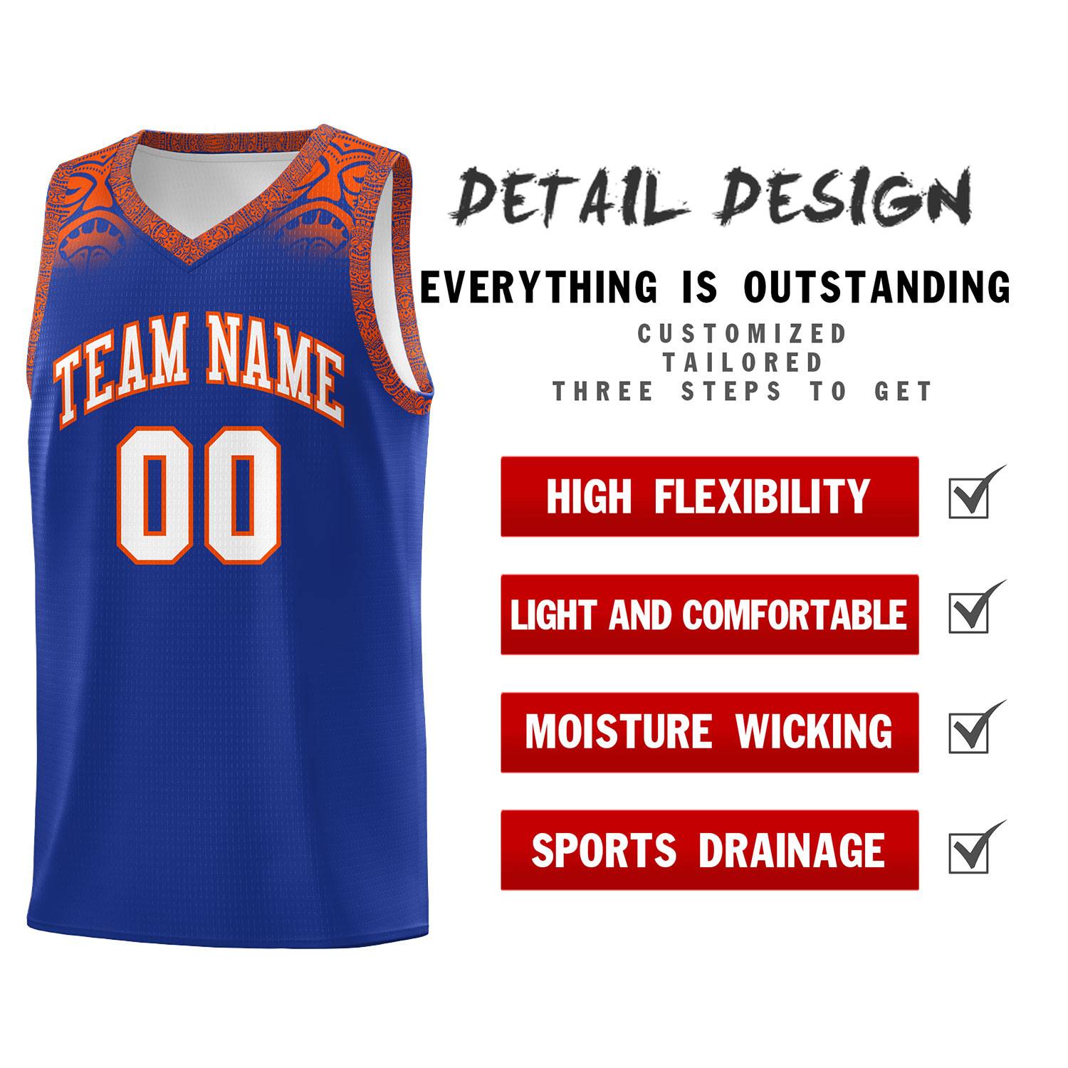 Custom Royal Orange Personalized Indians Print Sets Sports Uniform Basketball Jersey