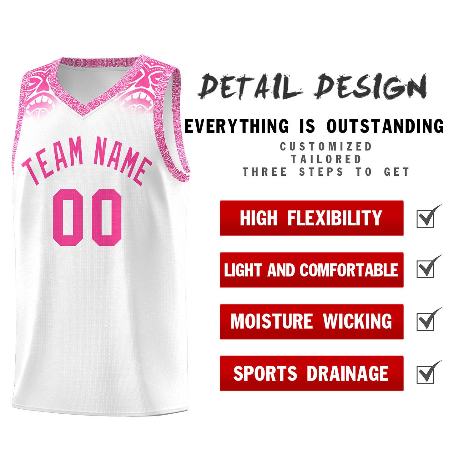 Custom White Pink Personalized Indians Print Sets Sports Uniform Basketball Jersey