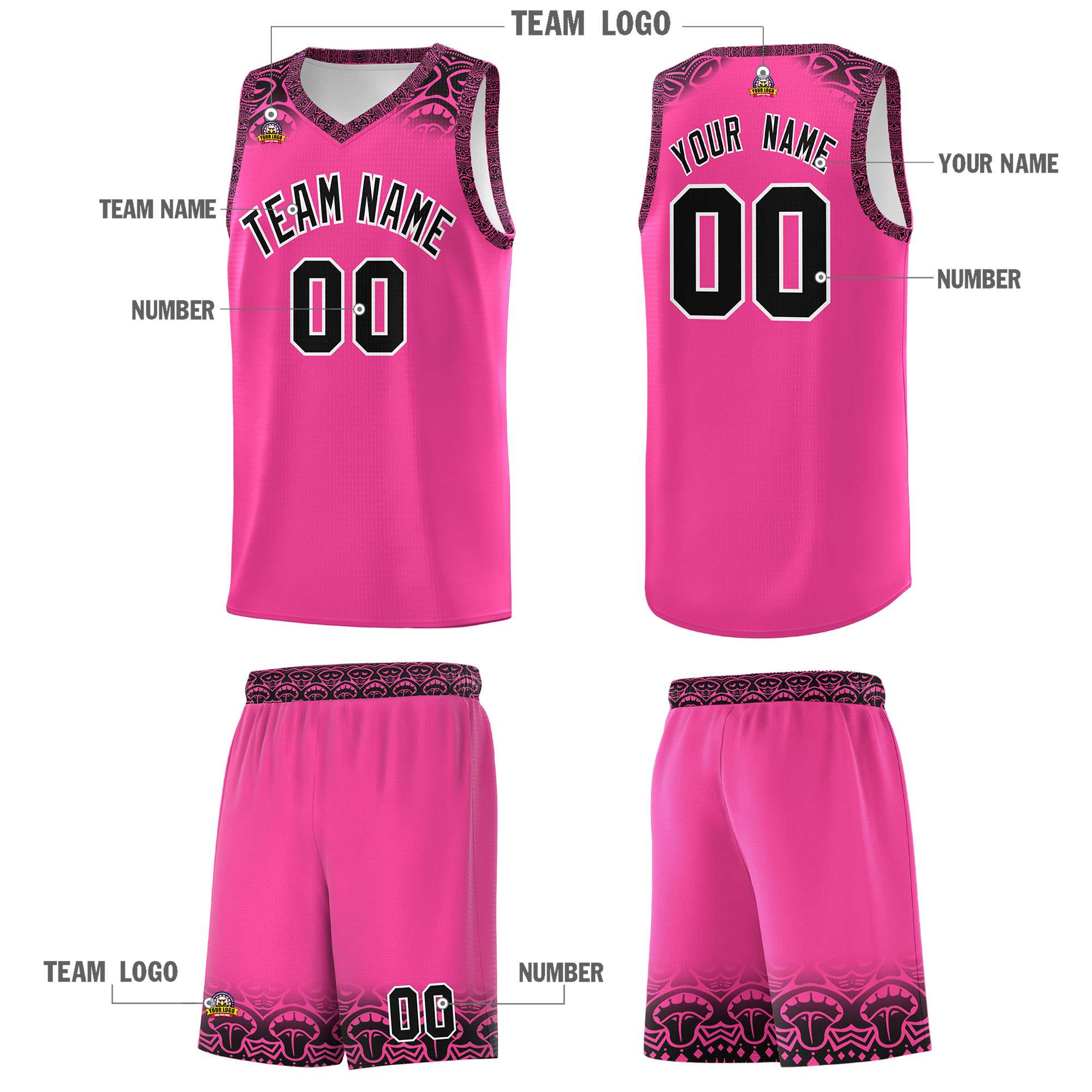 Custom Pink Black Personalized Indians Print Sets Sports Uniform Basketball Jersey