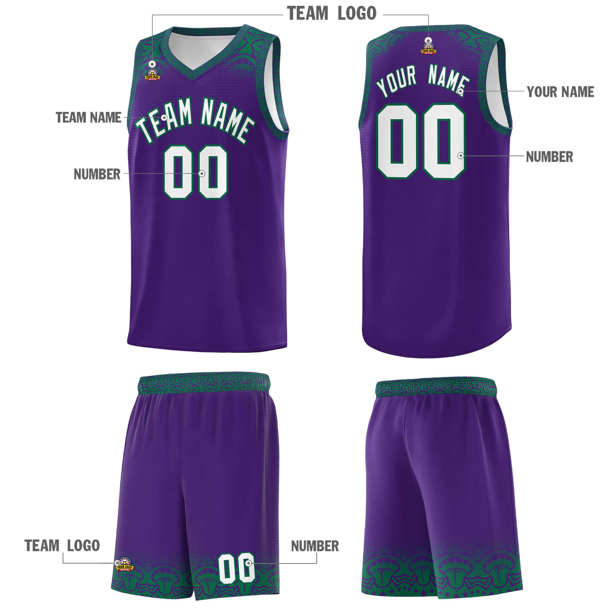 Custom Purple Kelly Green Personalized Indians Print Sets Sports Uniform Basketball Jersey