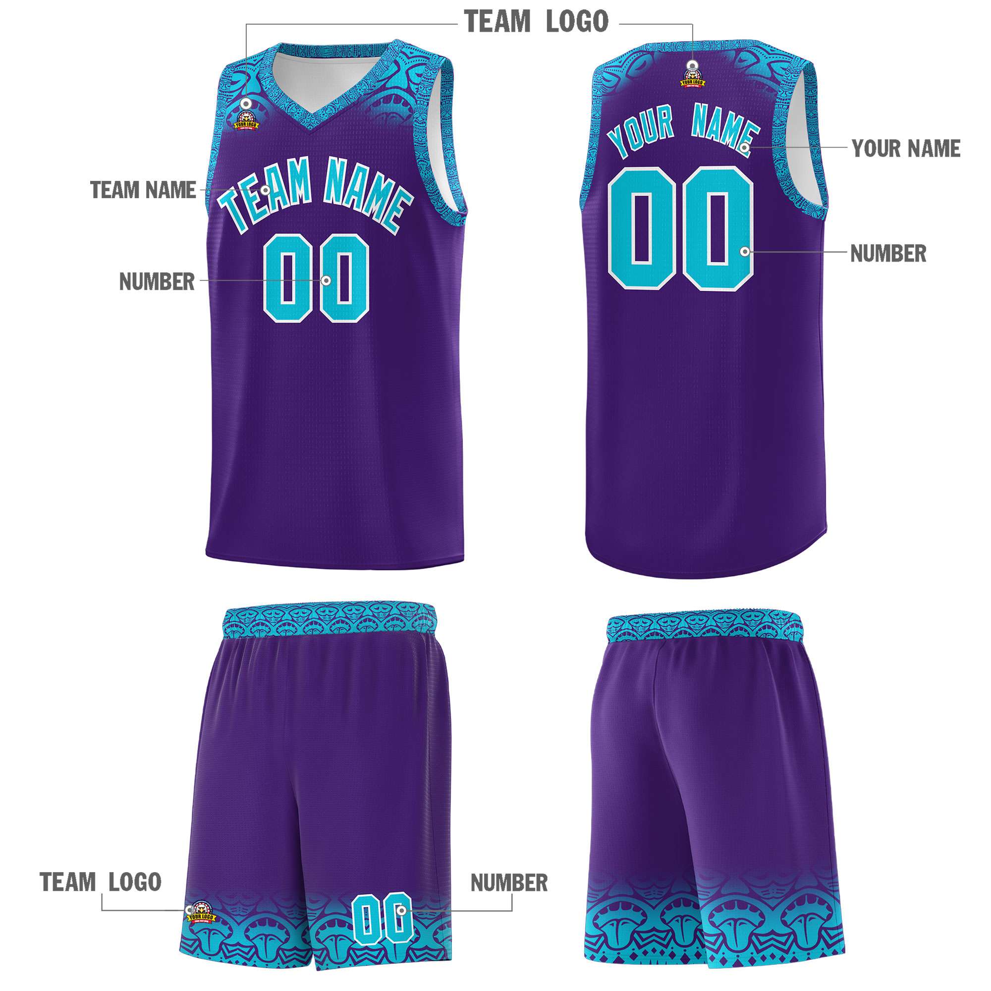 Custom Purple Sky Blue Personalized Indians Print Sets Sports Uniform Basketball Jersey