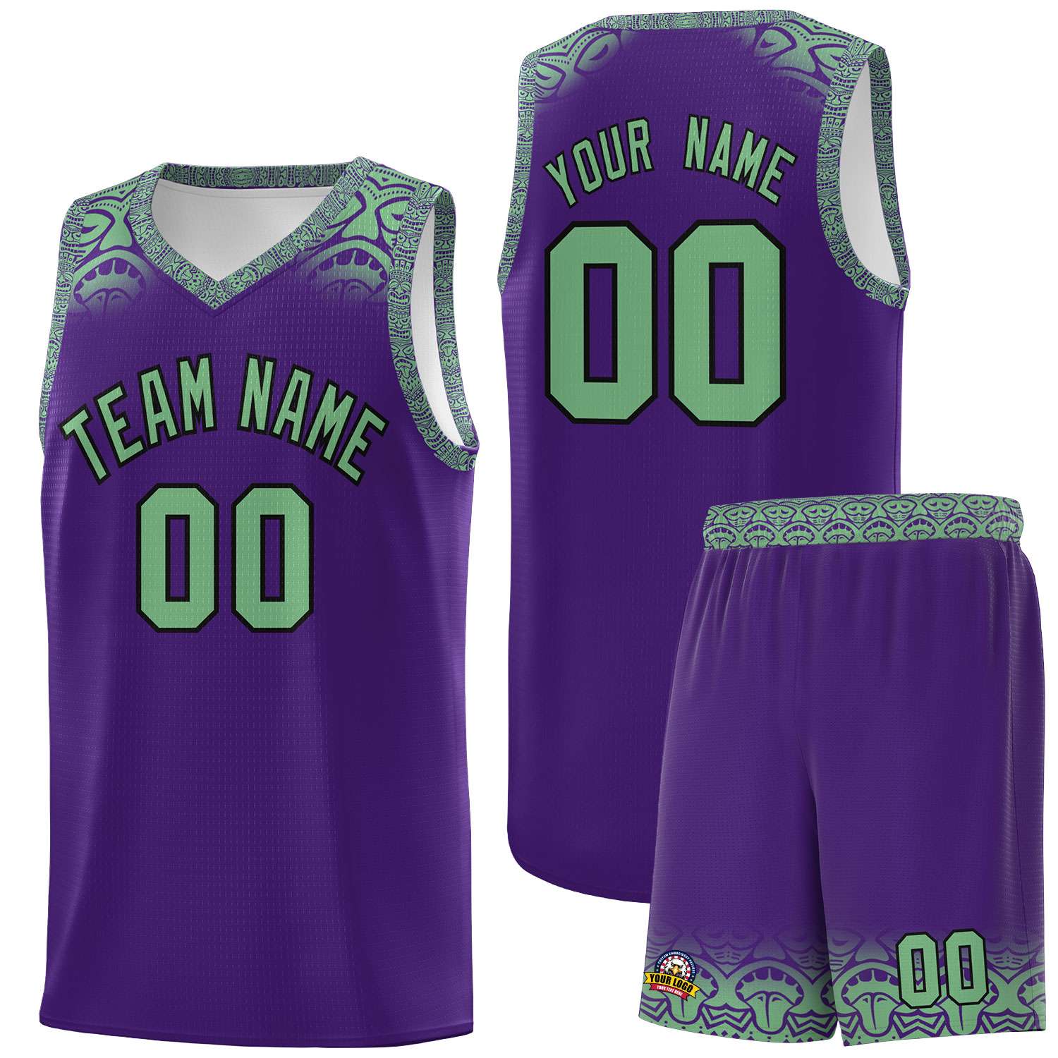 Custom Purple Green Personalized Indians Print Sets Sports Uniform Basketball Jersey