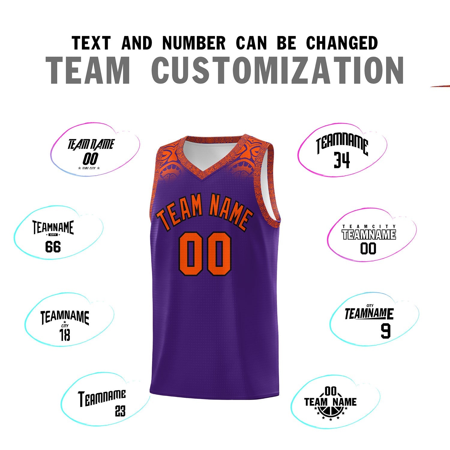 Custom Purple Orange Personalized Indians Print Sets Sports Uniform Basketball Jersey