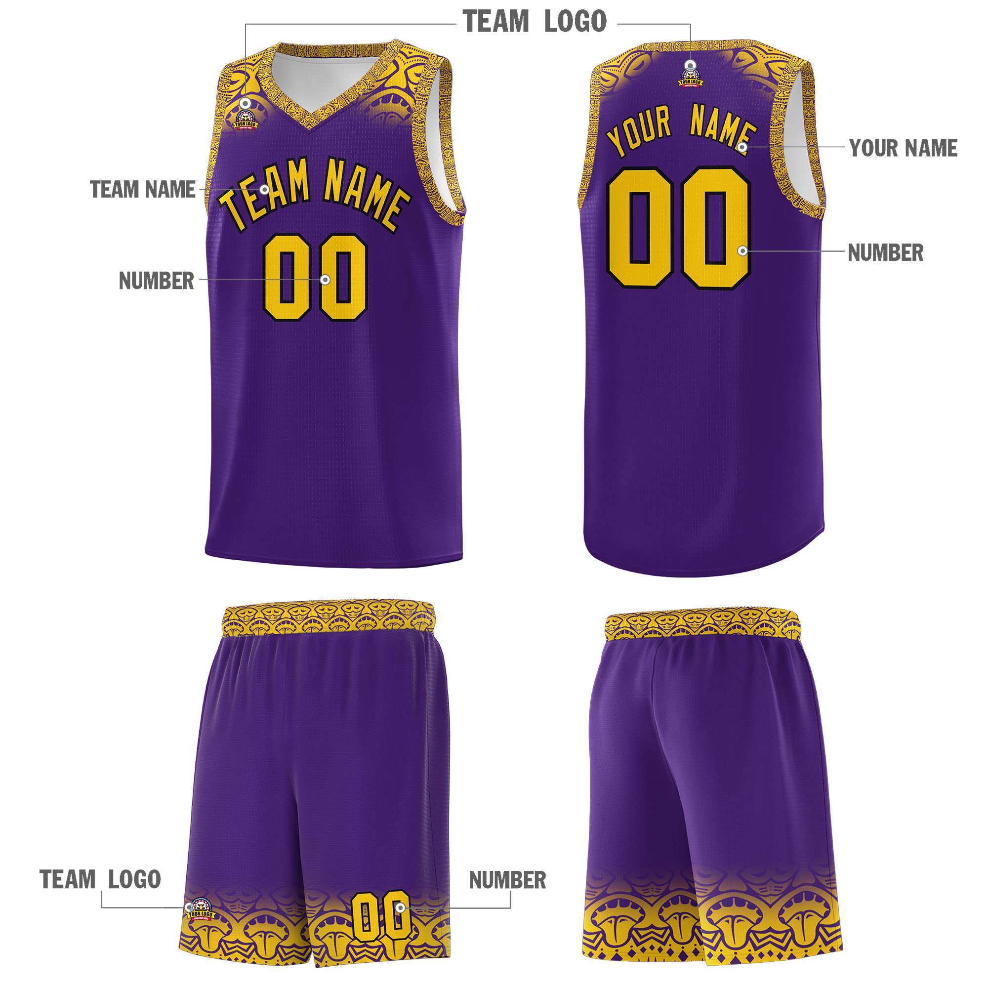 Custom Purple Gold Personalized Indians Print Sets Sports Uniform Basketball Jersey