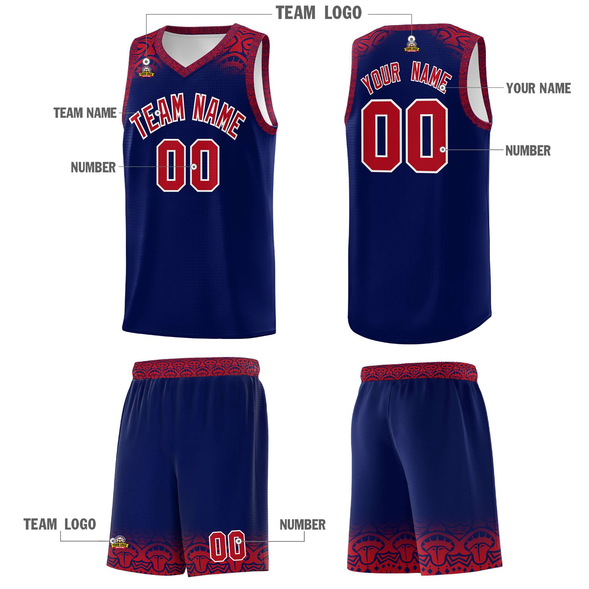 Custom Royal Red Personalized Indians Print Sets Sports Uniform Basketball Jersey