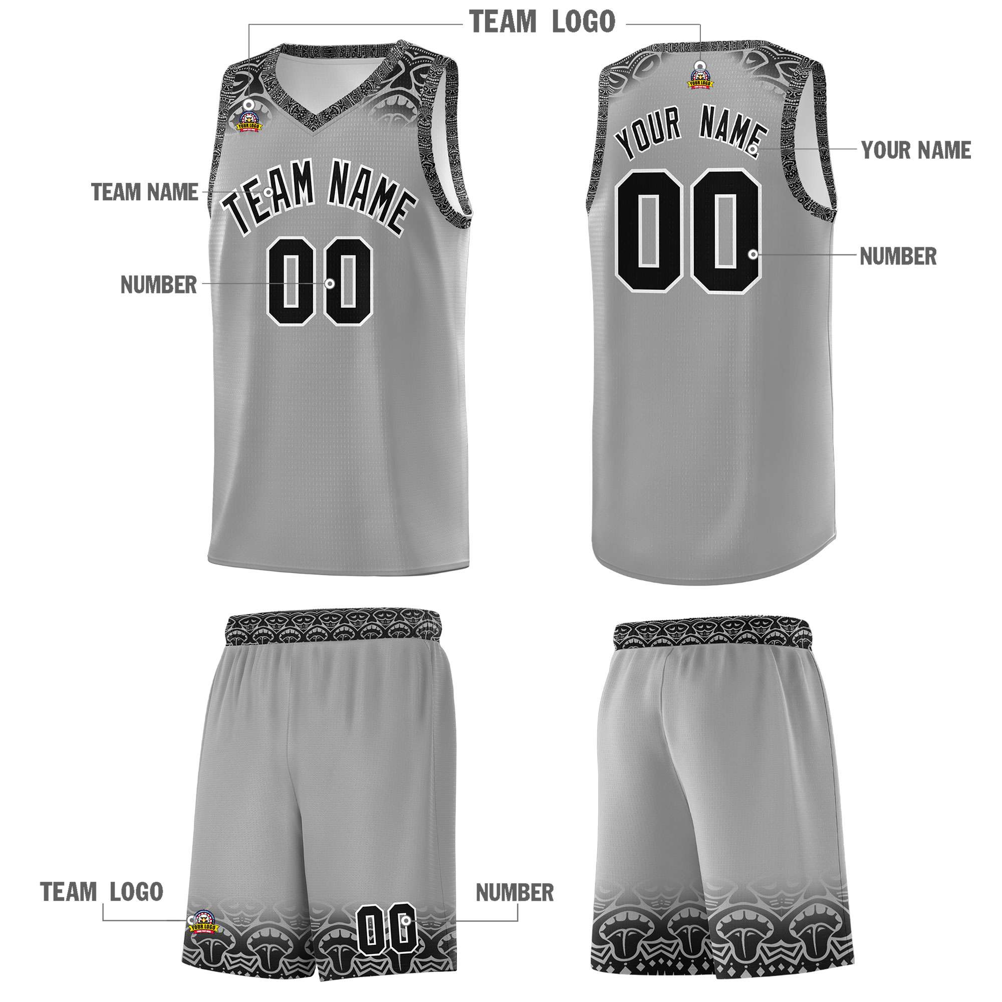 Custom Gray Black Personalized Indians Print Sets Sports Uniform Basketball Jersey