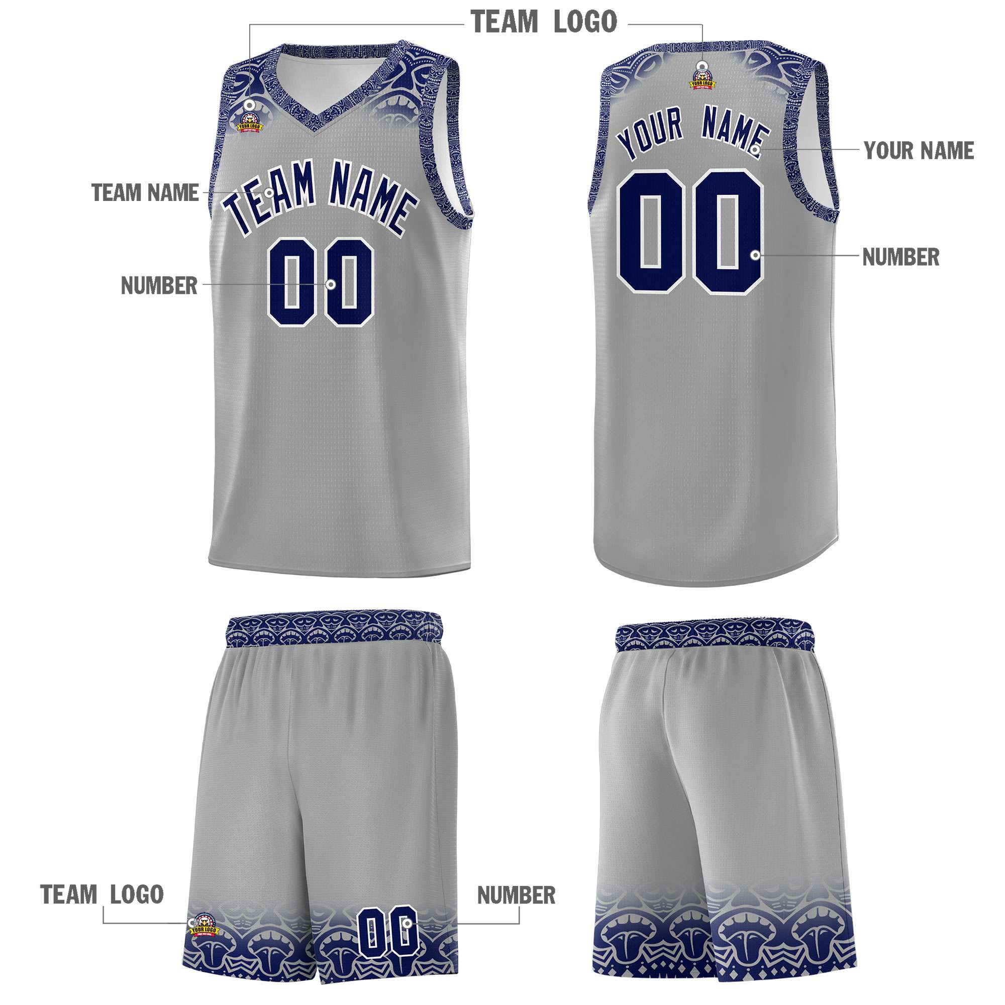 Custom Gray Royal Personalized Indians Print Sets Sports Uniform Basketball Jersey