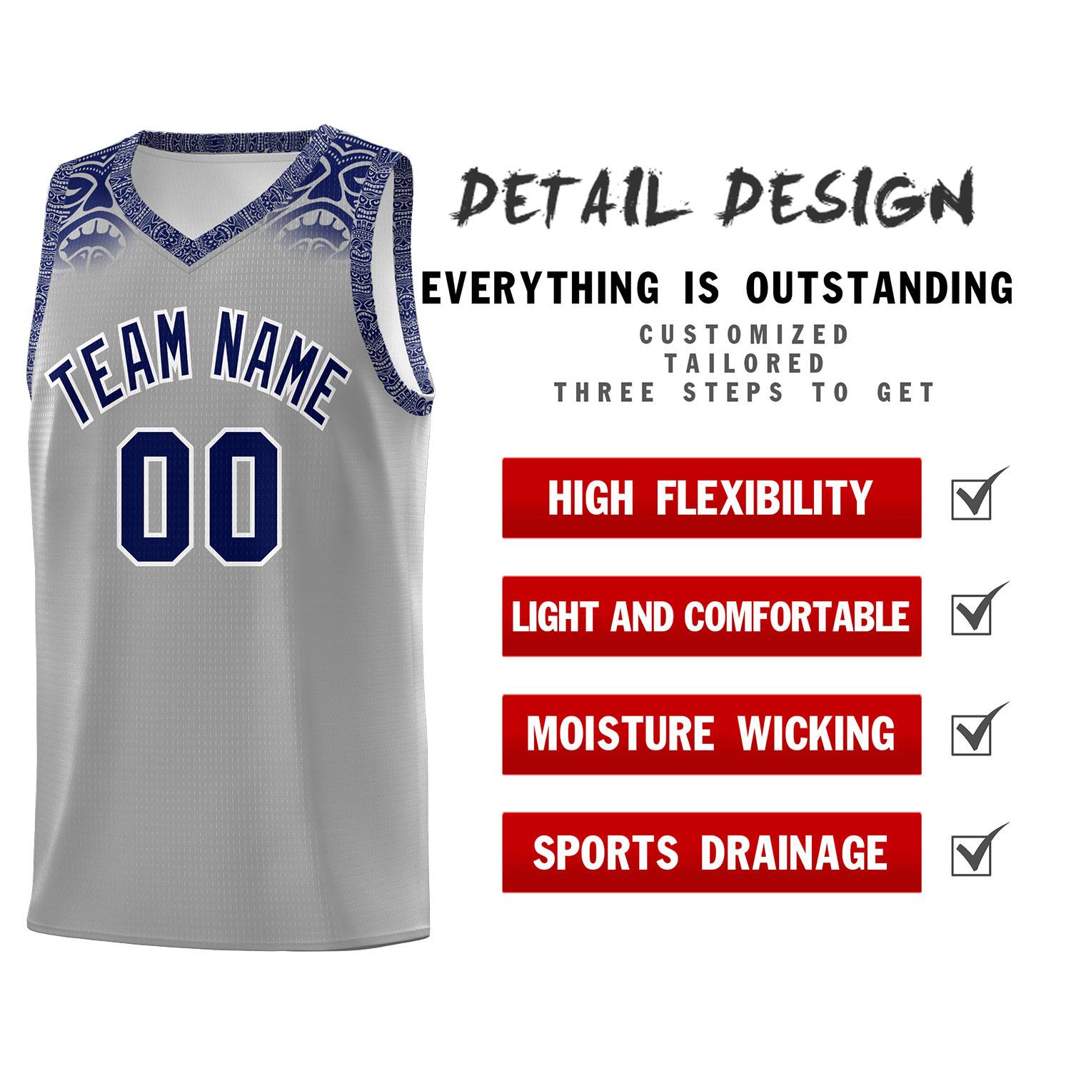 Custom Gray Royal Personalized Indians Print Sets Sports Uniform Basketball Jersey