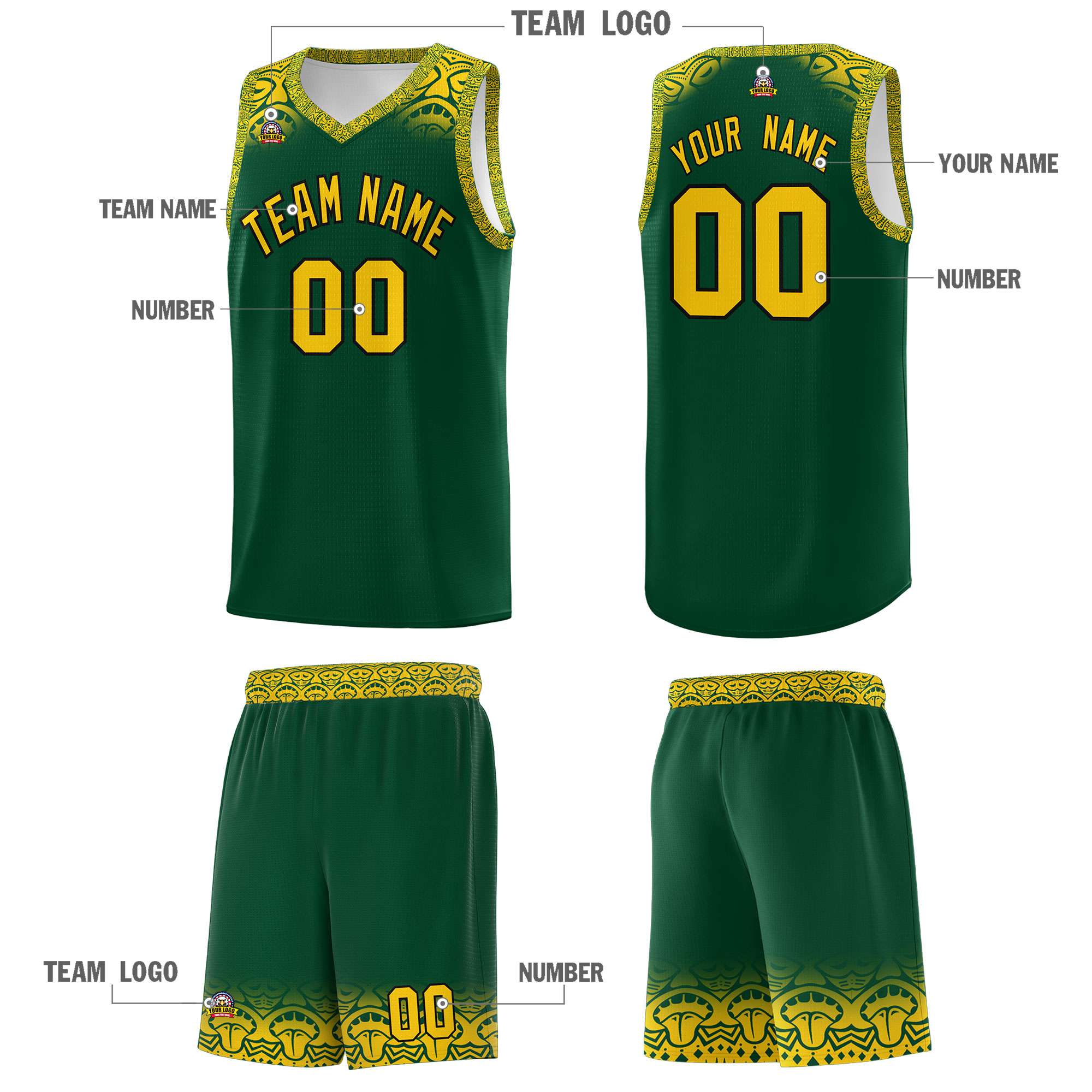 Custom Green Gold Personalized Indians Print Sets Sports Uniform Basketball Jersey