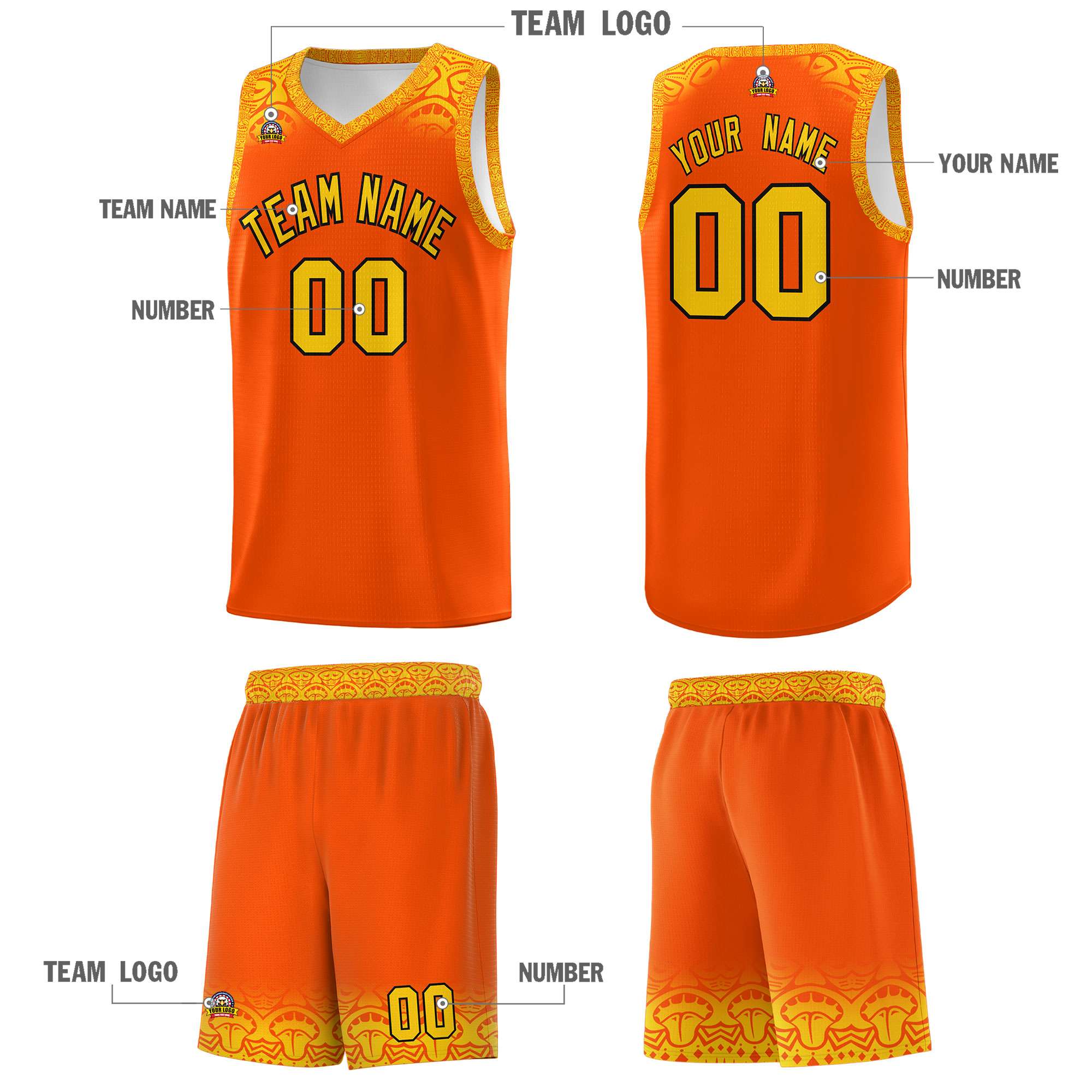 Custom Orange Gold Personalized Indians Print Sets Sports Uniform Basketball Jersey