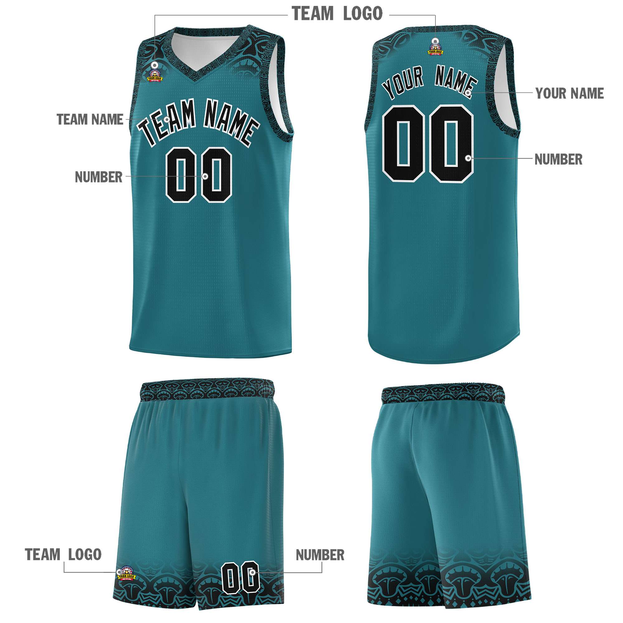 Custom Aqua Black Personalized Indians Print Sets Sports Uniform Basketball Jersey