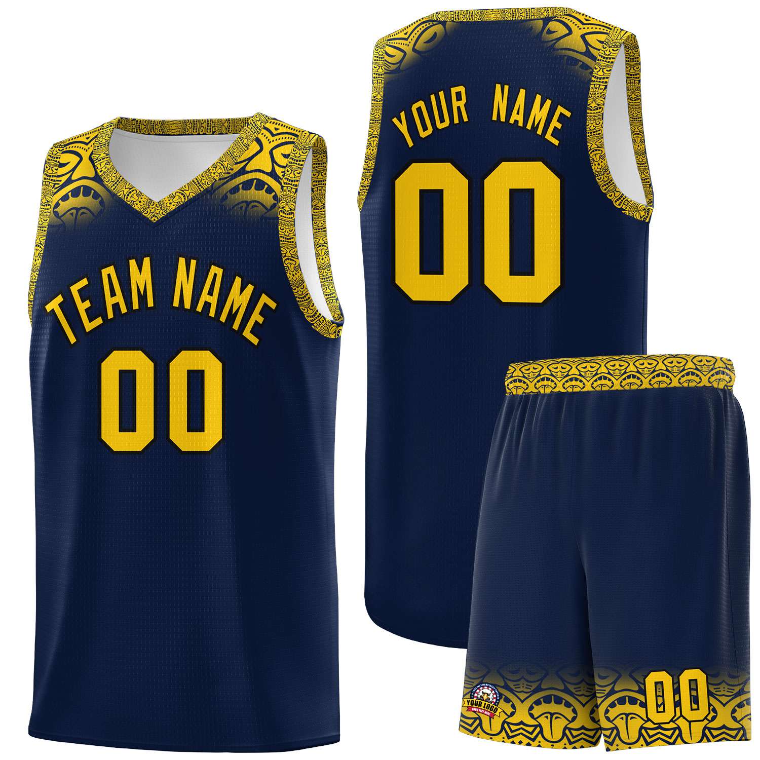 Custom Navy Gold Personalized Indians Print Sets Sports Uniform Basketball Jersey