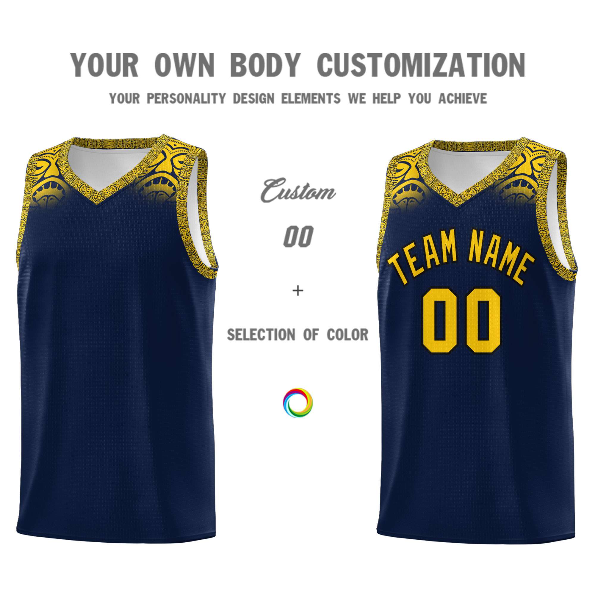 Custom Navy Gold Personalized Indians Print Sets Sports Uniform Basketball Jersey