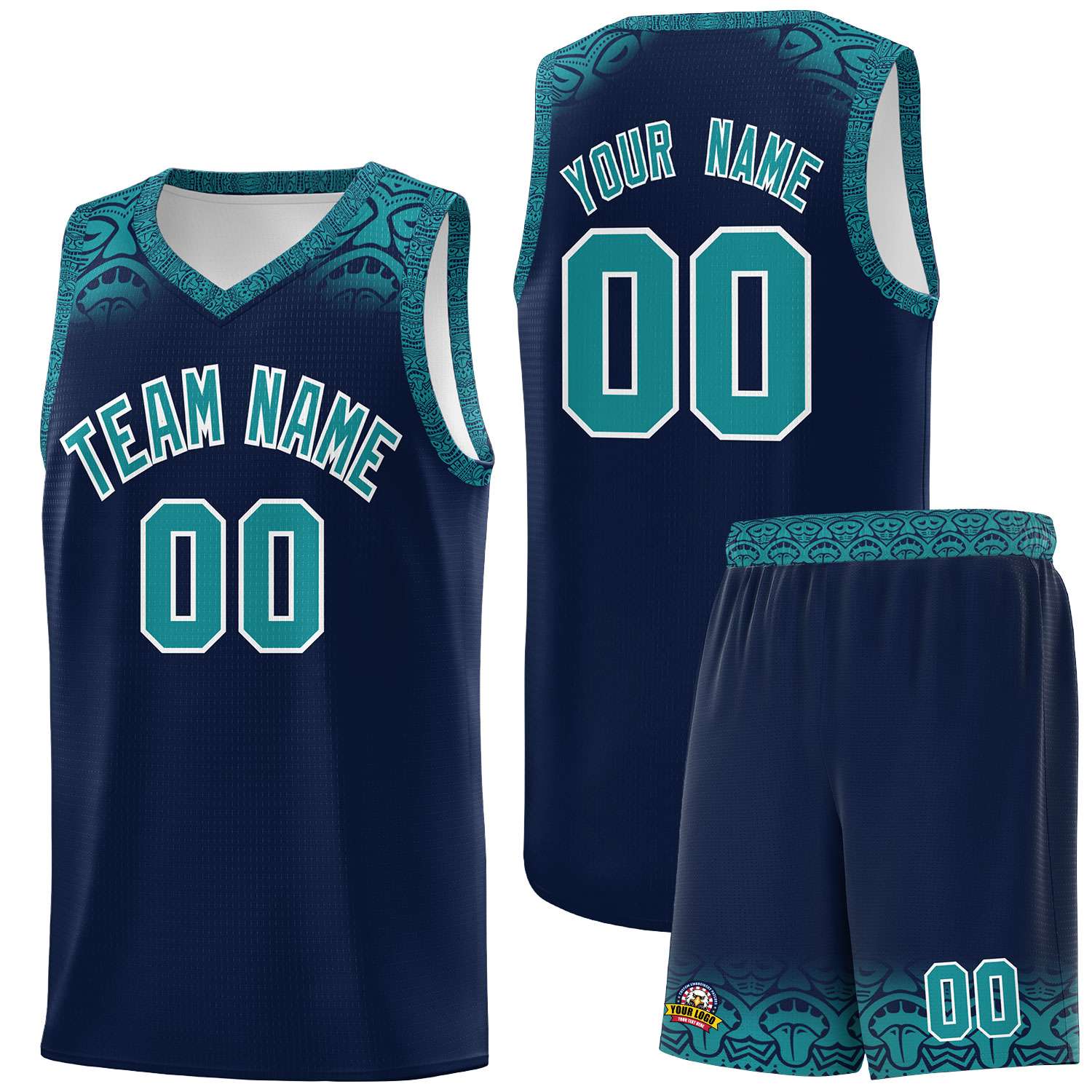 Custom Navy Aqua Personalized Indians Print Sets Sports Uniform Basketball Jersey