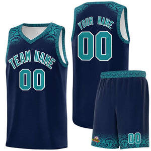 Custom Navy Aqua Personalized Indians Print Sets Sports Uniform Basketball Jersey