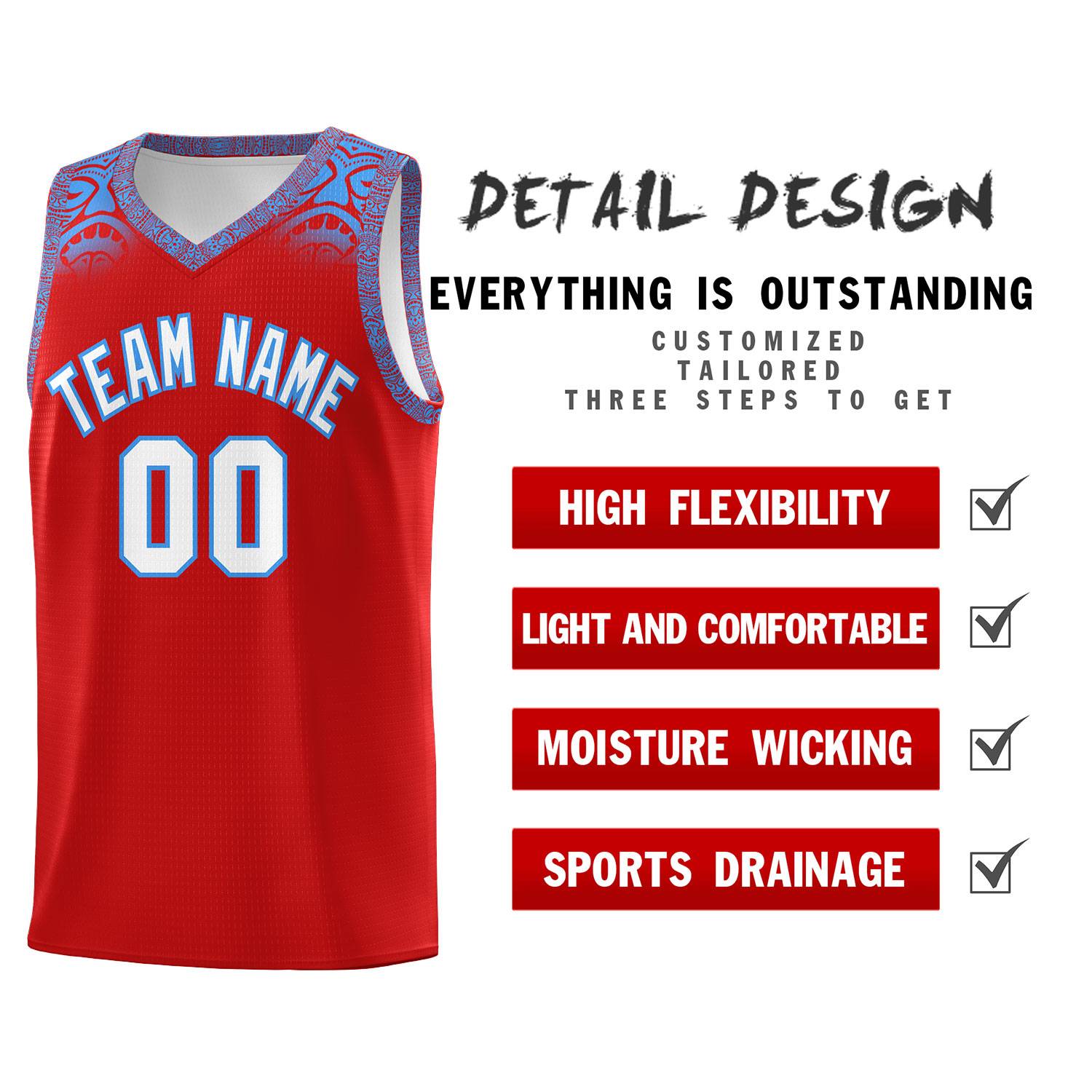 Custom Red Powder Blue Personalized Indians Print Sets Sports Uniform Basketball Jersey