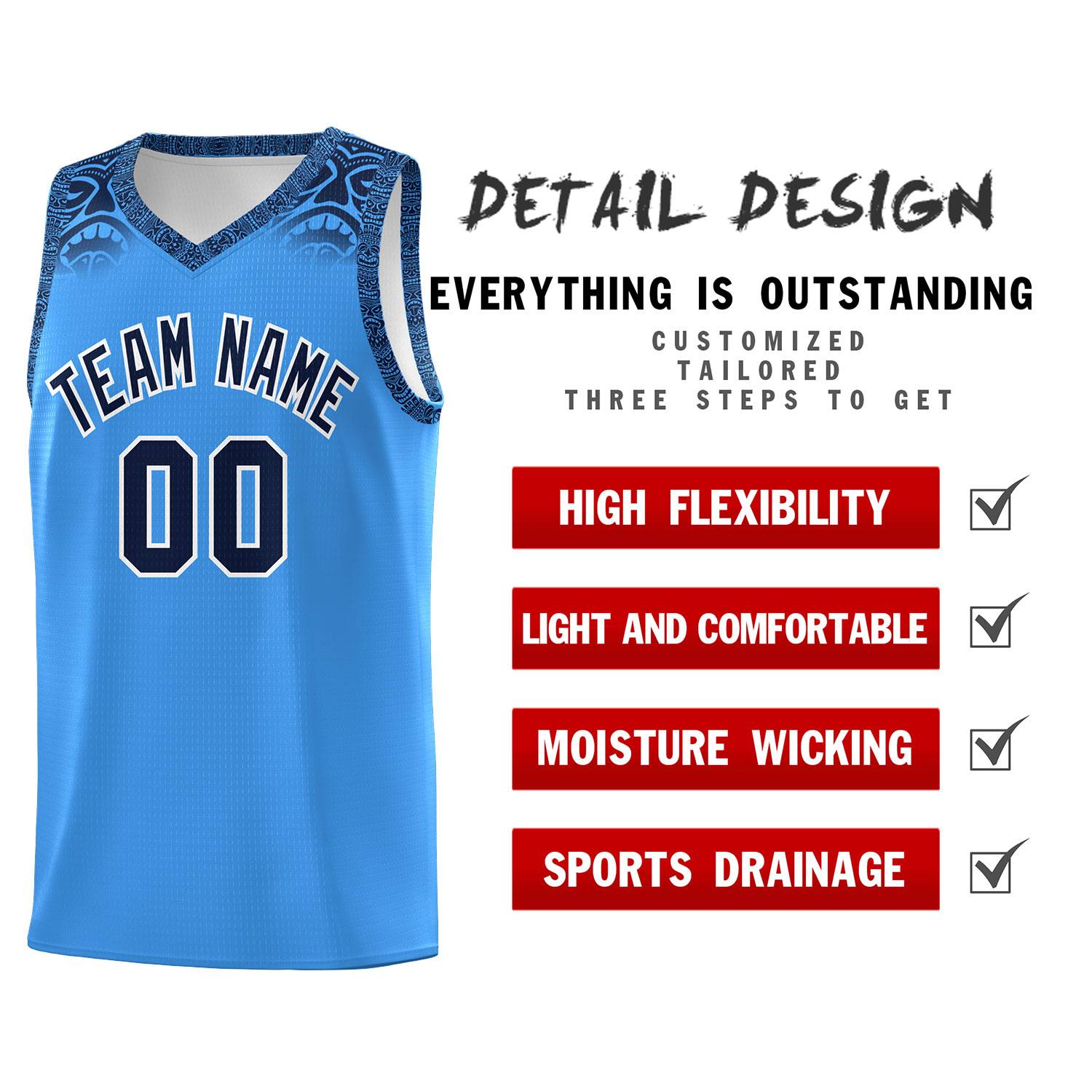 Custom Powder Blue Black Personalized Indians Print Sets Sports Uniform Basketball Jersey