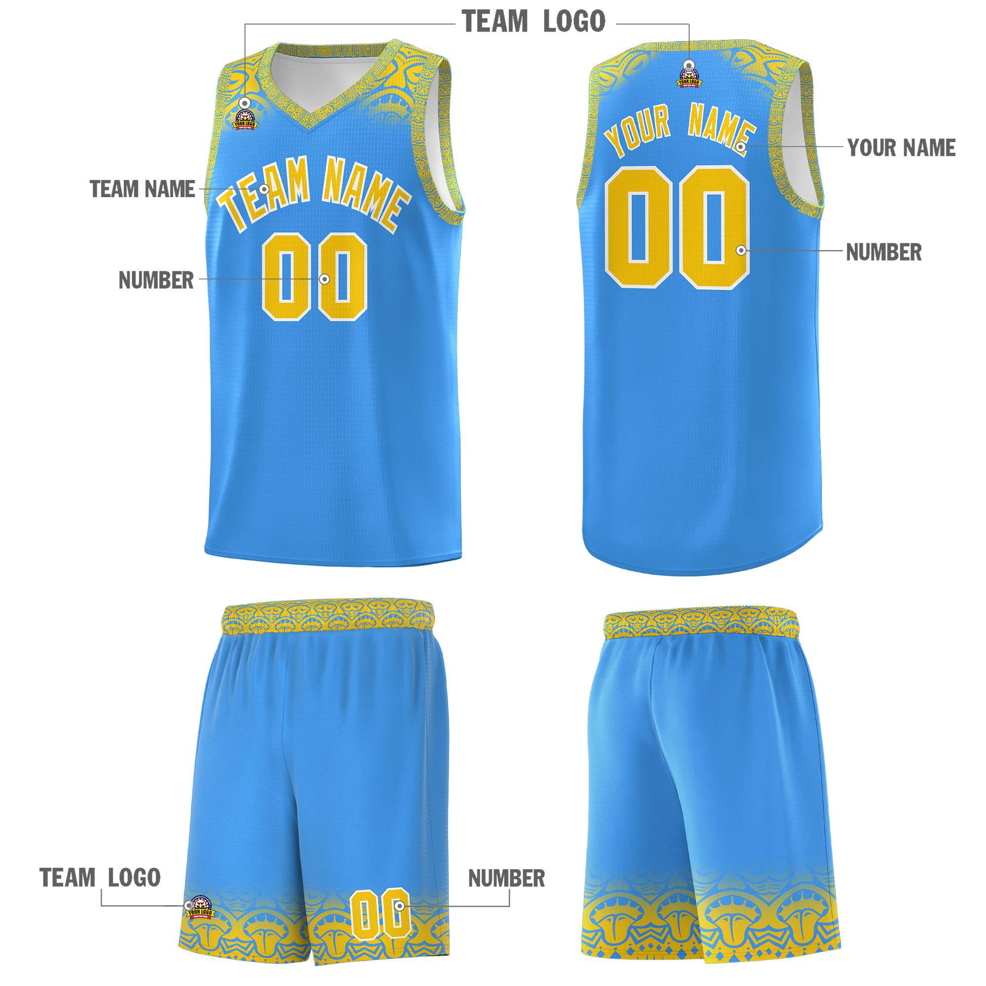 Custom Powder Blue Gold Personalized Indians Print Sets Sports Uniform Basketball Jersey