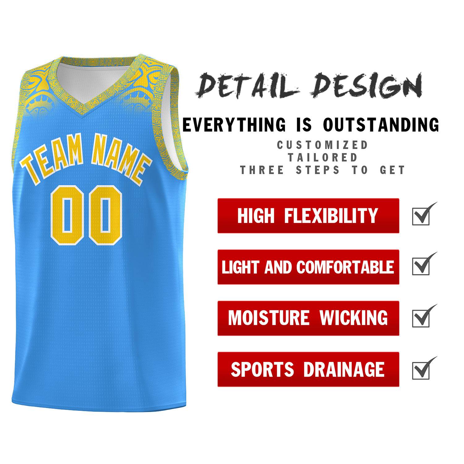 Custom Powder Blue Gold Personalized Indians Print Sets Sports Uniform Basketball Jersey