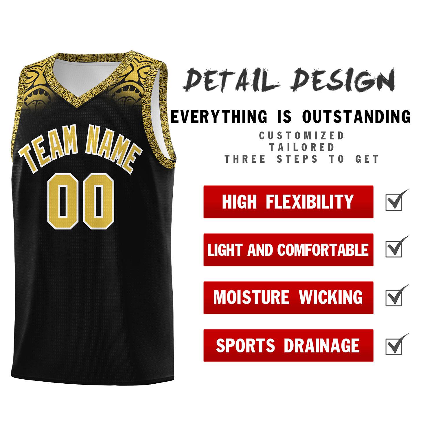 Custom Black Yellow Personalized Indians Print Sets Sports Uniform Basketball Jersey